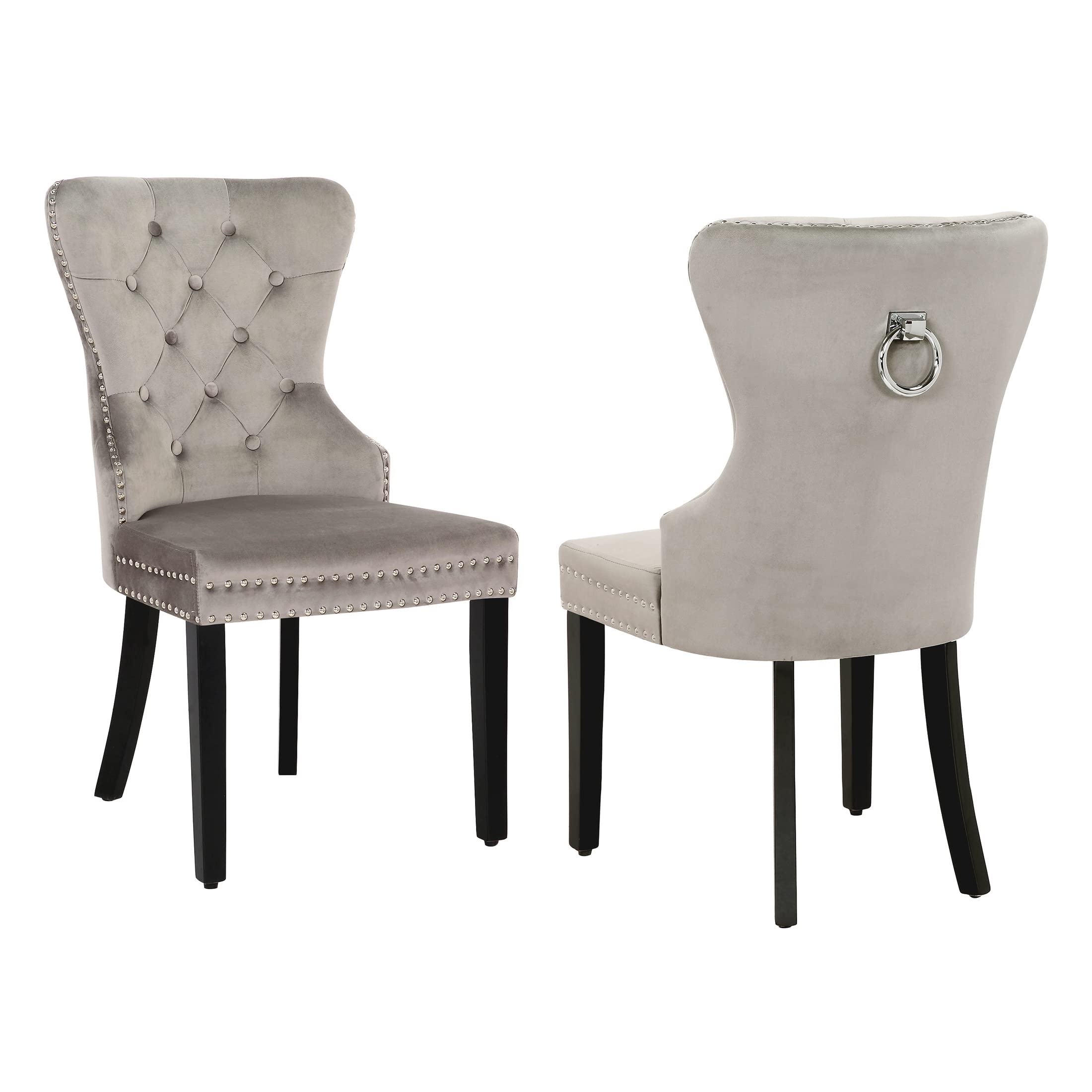 WestinTrends Velvet Dining Chairs Set of 4 - Modern Wingback Upholstered Button Tufted Kitchen & Dining Room Chairs with Solid Wood Legs & Pull Ring (Gray) - Perfect for Home, Restaurant, and Office Use