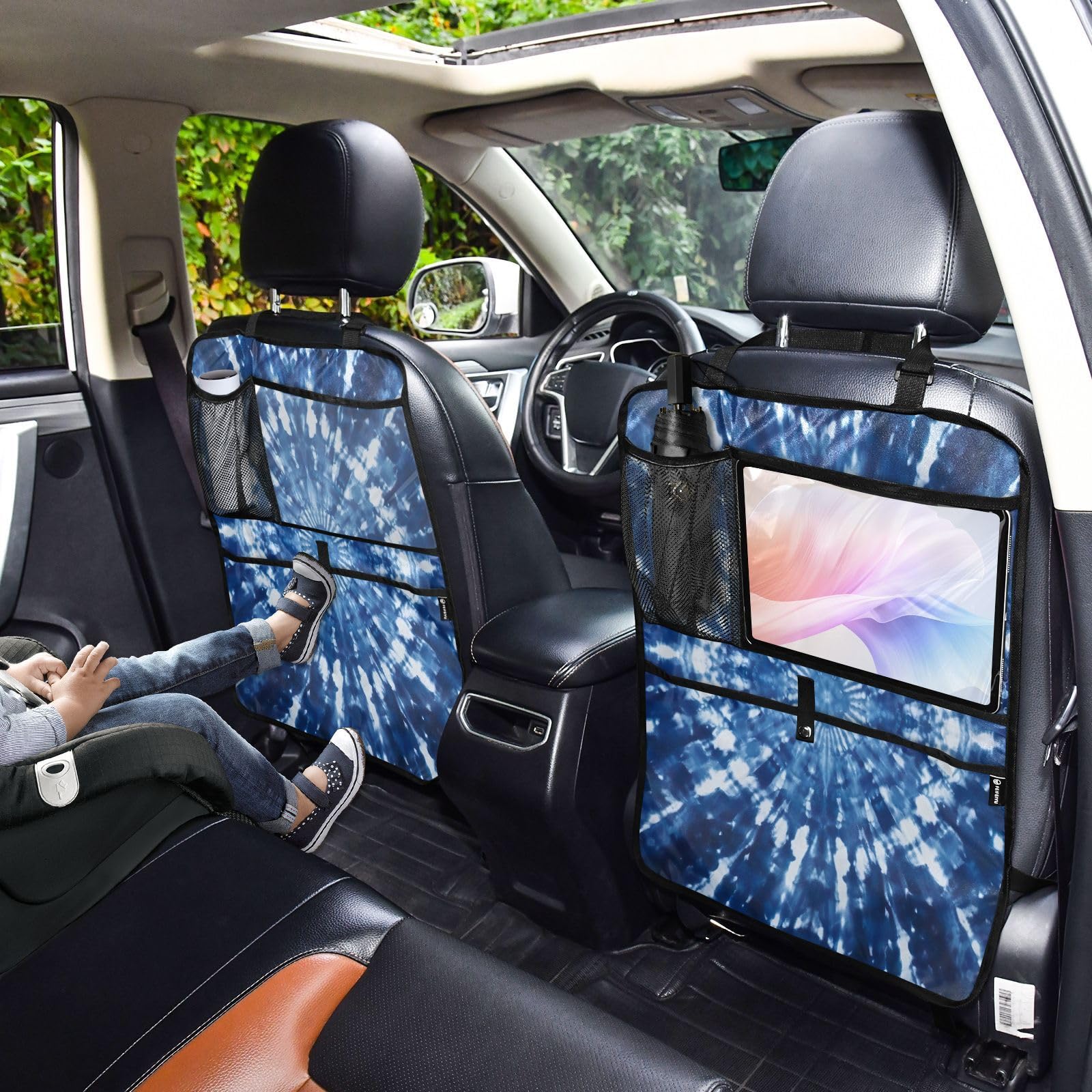 Tie Dye Blue Car Seat Protector with Storage Pockets - Waterproof Back Seat Organizer & Kick Mats for Cars, SUVs, Trucks - Perfect for Family Road Trips, Pet Protection, and Child Safety