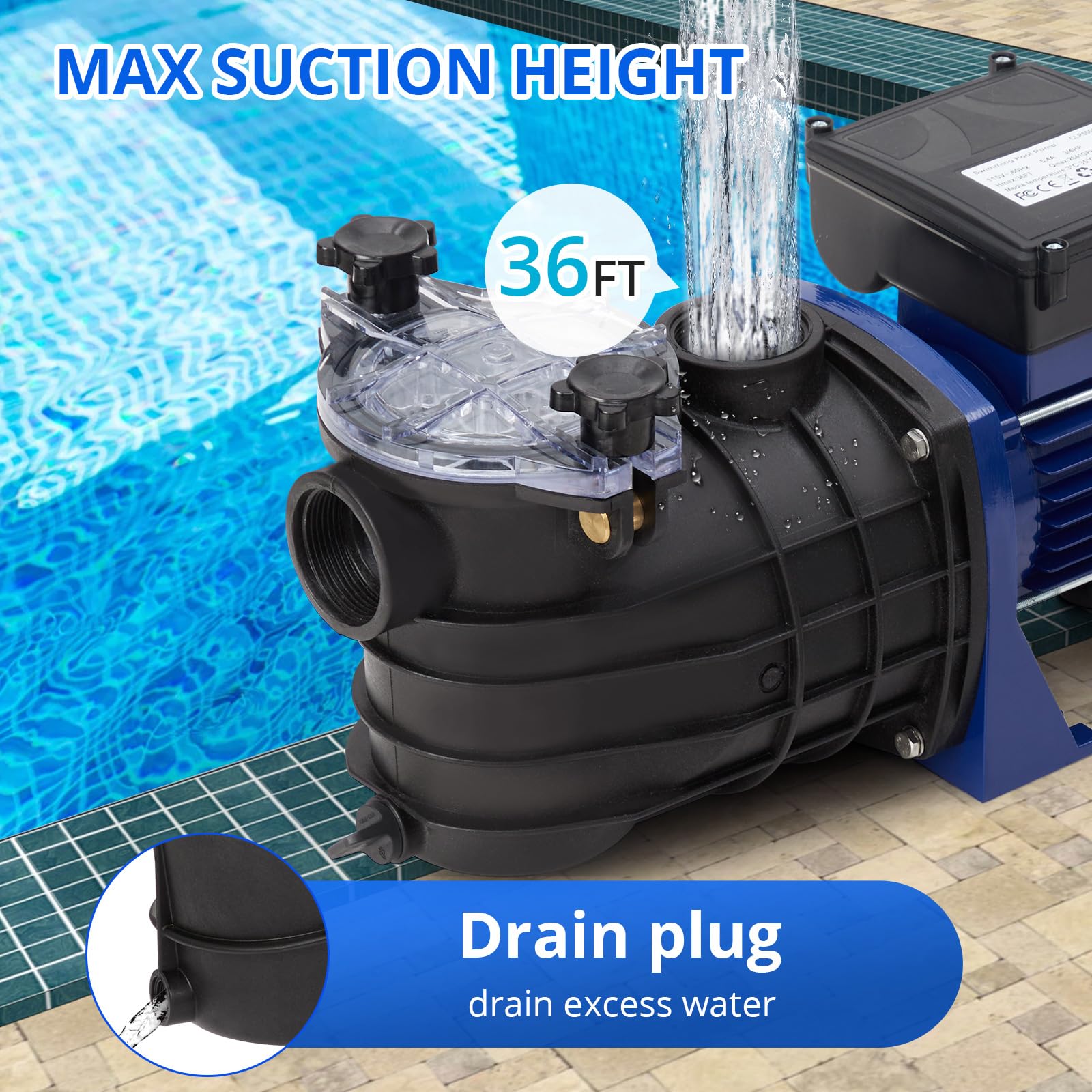 0.75HP Pool Pump for In-Ground & Above Ground Pools - 550W/115V, 2641GPH High Flow, Self-Priming Swimming Pool Water Pump with Filter Basket - Low Noise, Energy Efficient - Perfect for Backyard, Residential & Commercial Pool Maintenance