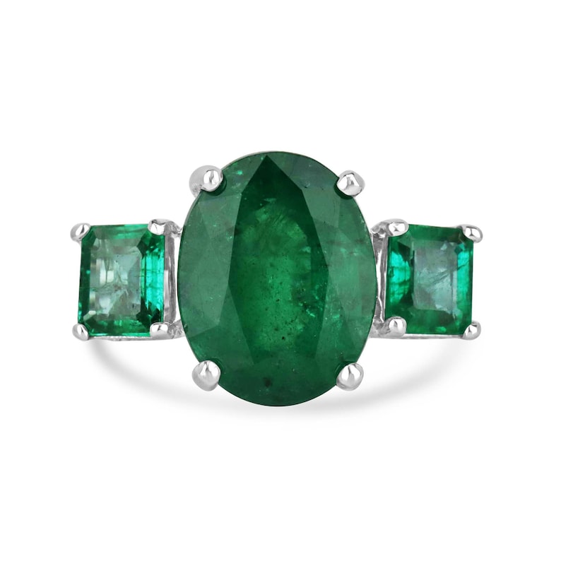6.07tcw 14K Gold Natural Oval Cut Dark Green Emerald Trilogy 3 Stone Diamond Ring for Women - Elegant Wedding, Engagement & Anniversary Jewelry Gift
