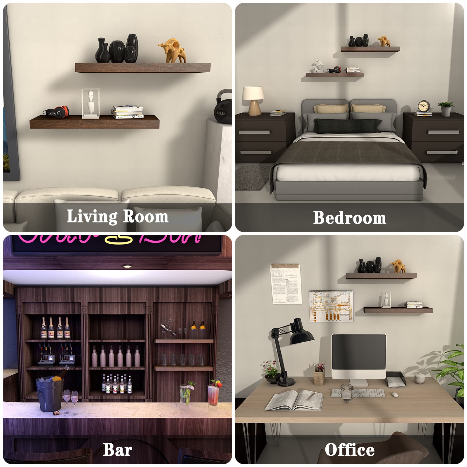 Set of 2 Floating Shelves Wall Mounted - 36 Inch Rustic Wood Wall Storage Shelves for Bedroom, Living Room, Bathroom, Kitchen & Office - Dark Walnut - Perfect for Displaying Decor, Books & Organizing Spaces