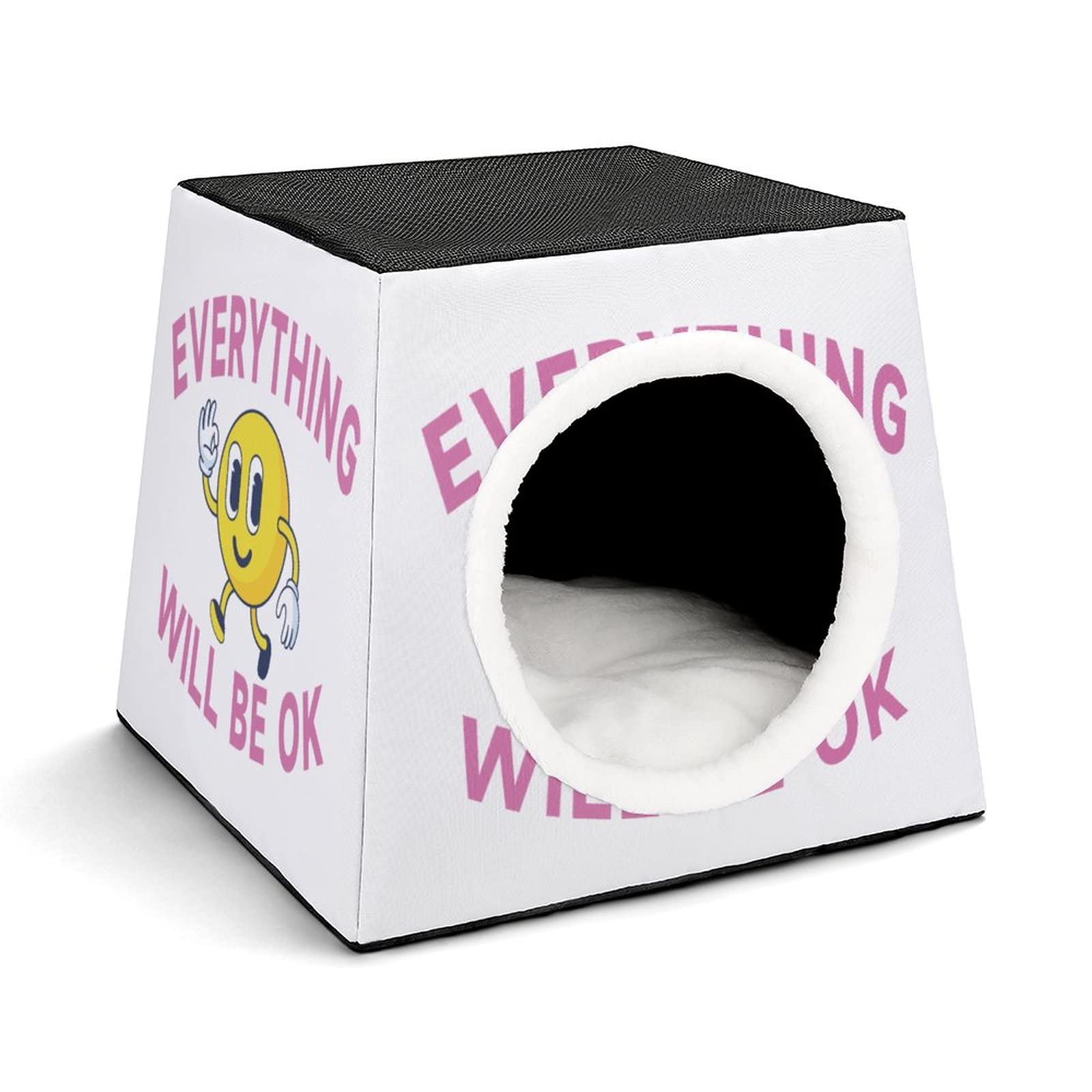 Printed Cat Cube Kitty House - Indoor Cat Bed & Small Dog Shelter - Warm & Cozy Cartoon Design in Yellow - Perfect for Pet Napping, Playtime & Home Decor