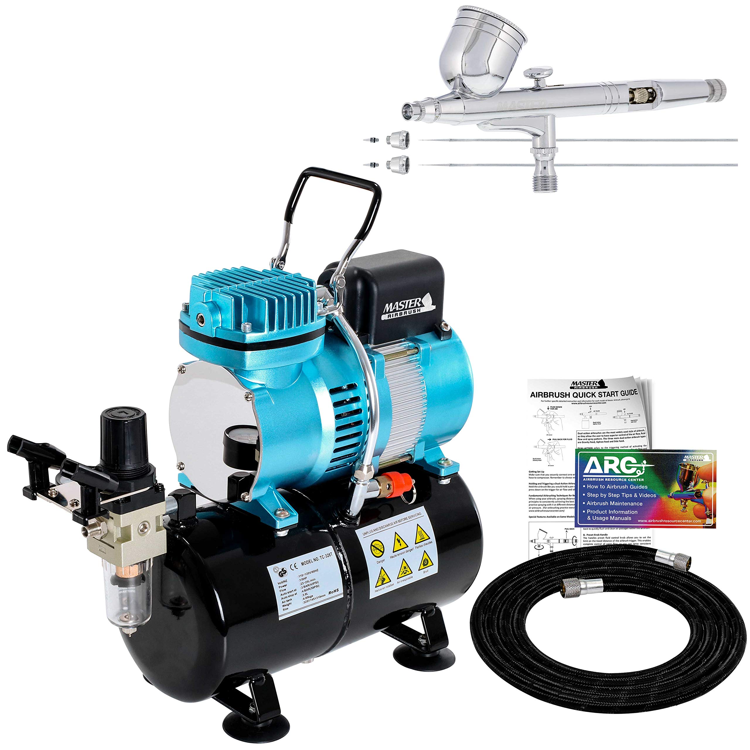 Master Airbrush Cool Runner II Dual Fan Air Storage Tank Compressor Kit with G233 Gravity Feed Dual-Action Airbrush Pro Set (0.2mm, 0.3mm, 0.5mm Tips) - Includes Hose, Holder & Guide - Perfect for Hobby Painting, Automotive Art & Cake Decorating