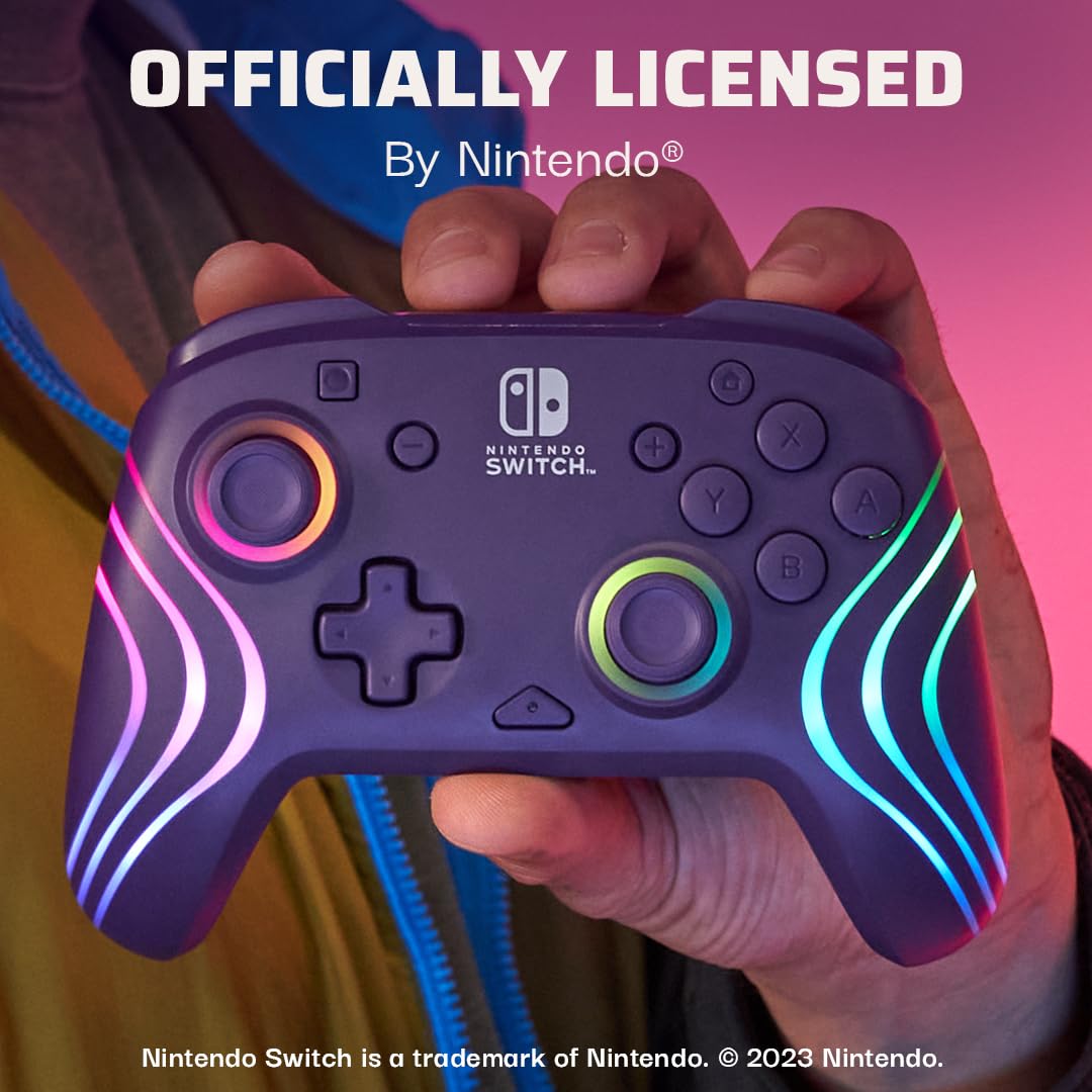 PDP Afterglow Wave Wireless Pro Controller for Nintendo Switch & OLED - Motion Controls, Custom LED Lighting, 30ft Range, 20-Hour Rechargeable Battery (Purple) - Perfect for Gaming at Home or On-The-Go