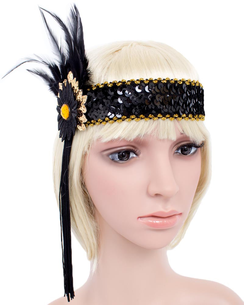 20s Style Black Tassel Feather Headband for Women - Vintage Flapper Headpiece for Parties, Weddings & Costumes - Roaring Twenties Gatsby Accessory