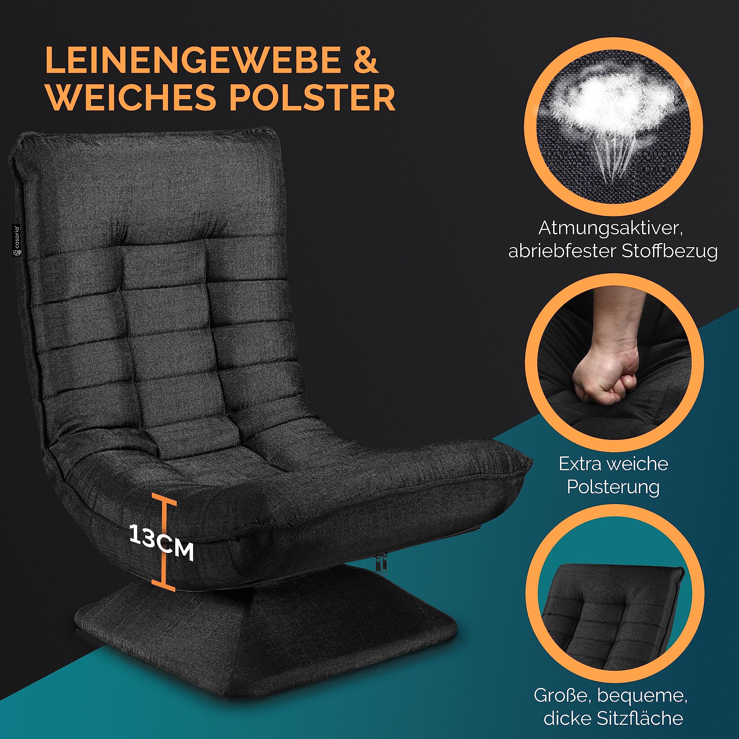 CASARIA® Adjustable Backrest 360° Swivel Floor Chair - Foldable, Black Upholstered, Supports up to 150kg (60x105x87cm) - Perfect for Living Room, Bedroom, Gaming & Meditation