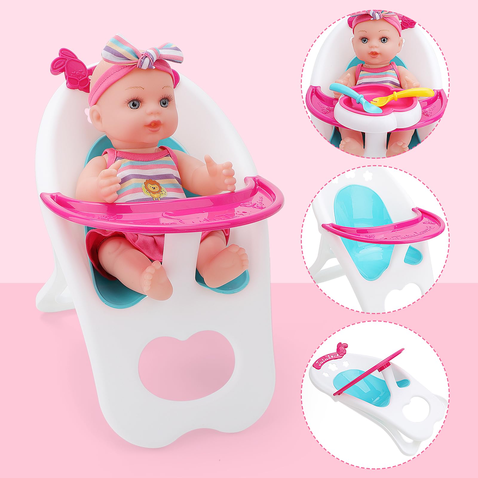deAO Baby Doll Stroller Set with Nursery Accessories - High Chair, Play Mat, Travel Bag & Feeding Toys for Toddler Role Play | Perfect Gift for Girls | Pretend Play, Indoor Activities & Birthday Presents