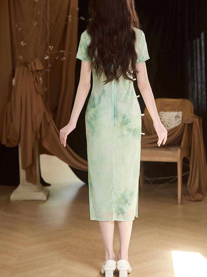 Elegant Pink and Green Jacquard Velvet Cheongsam Qipao Dress for Women | Traditional Chinese Style Evening Gown | Perfect for Weddings, Parties, and Special Occasions