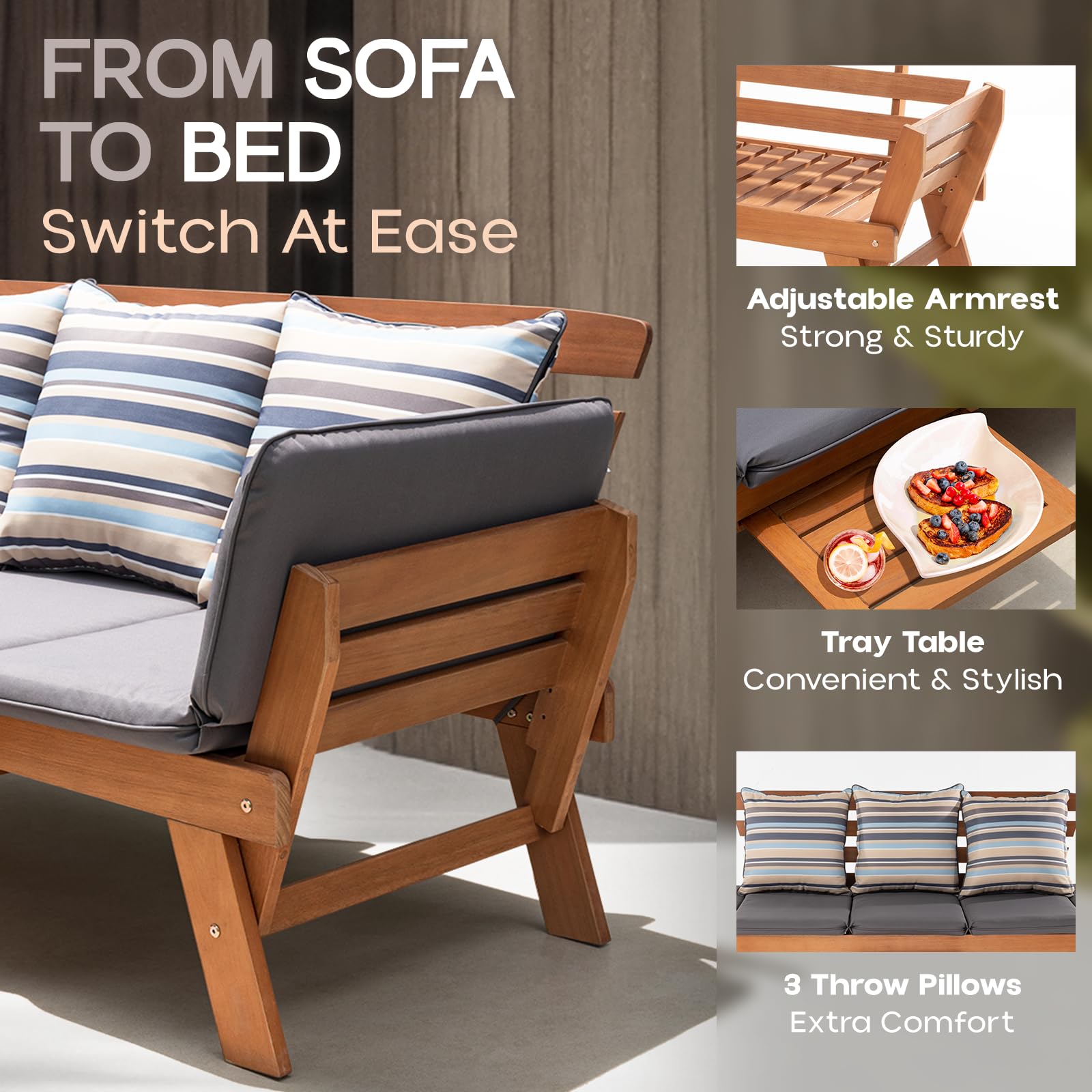 Idzo Amelie Outdoor Daybed Sofa - 750lbs Weight Capacity, Convertible Sleeper Chair with Armrests & Coffee Tray, Includes 3 Comfort Pillows, FSC Certified Wood Frame in Modern Gray - Perfect for Patio, Poolside, Garden or Backyard Relaxation