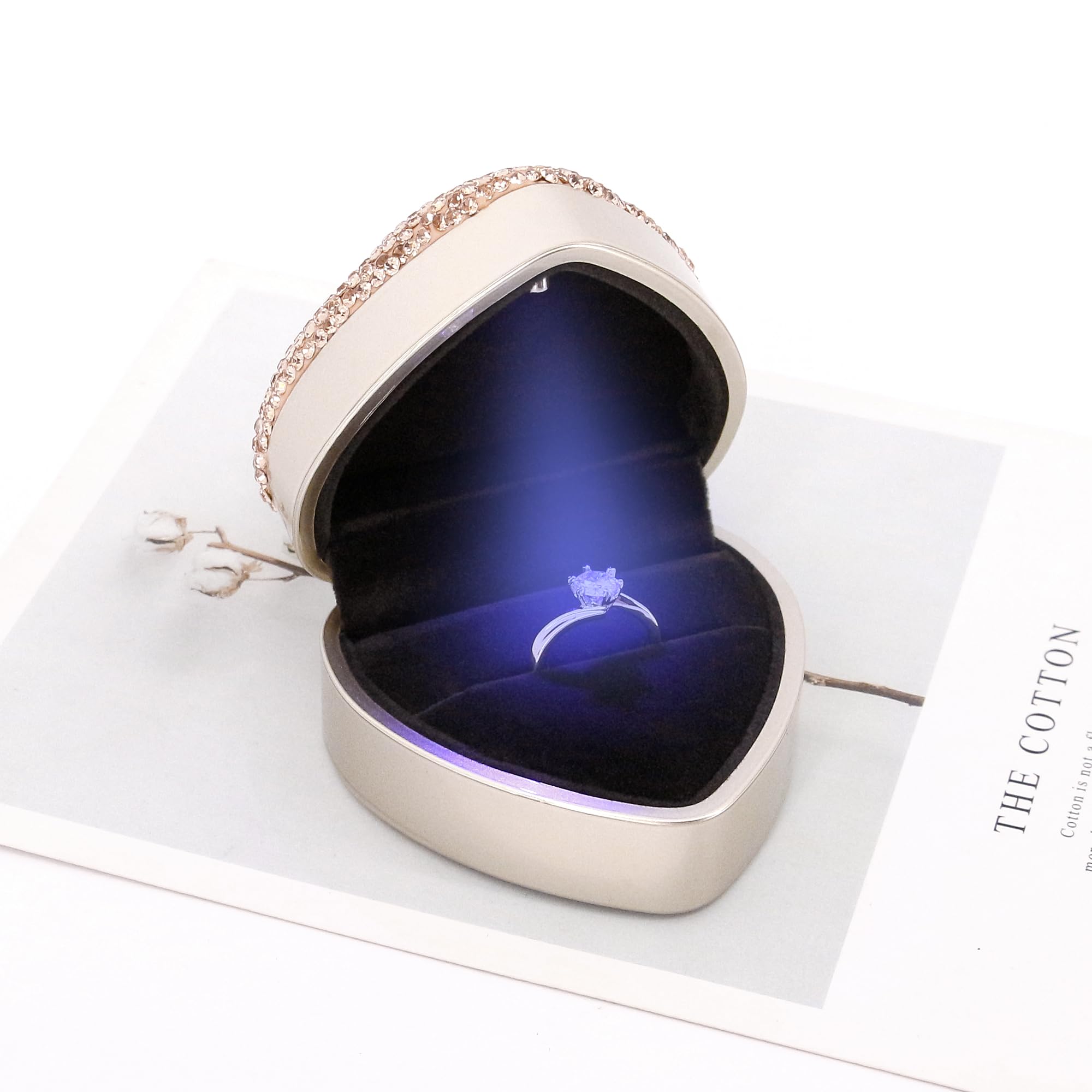 Naimo Bling Rhinestone Heart Shaped Ring Box - Velvet Jewelry Organizer with LED Light for Engagement Rings, Earrings & Coins | Perfect for Wedding Proposals, Bridal Showers & Anniversary Gifts