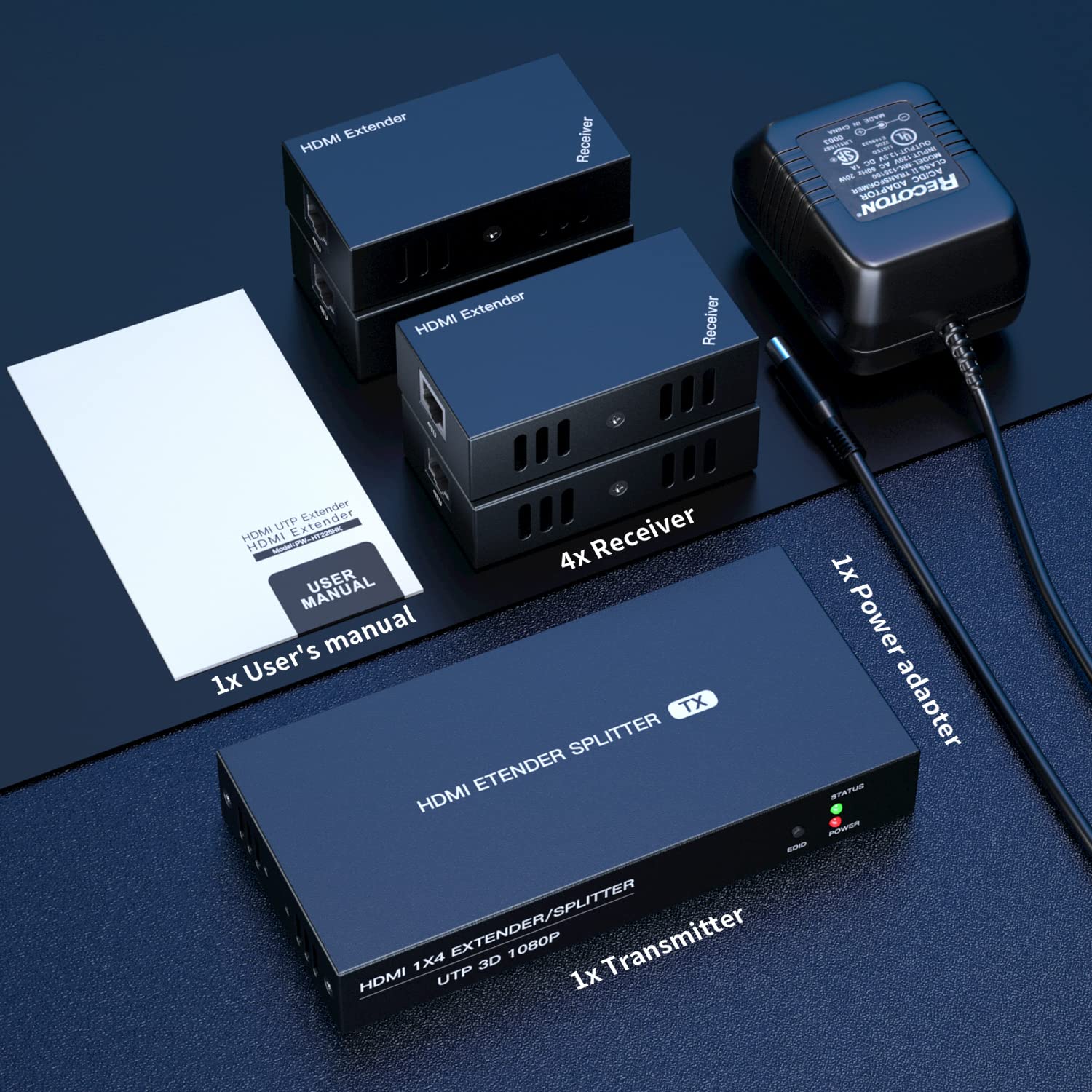 PWAYTEK HDMI Extender Splitter 1x4 - 1080P@60Hz Over Cat 5E/6/7 Ethernet Cable up to 50m (165ft) with EDID Copy & POC Function (1 Input 4 Output) - Ideal for Home Theater, Conference Rooms & Multi-Screen Displays