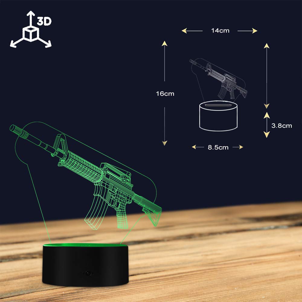 3D LED Gun Lamp - Military Weapon Night Light with Optical Illusion, Cool Cartoon Machine Gun Design - Perfect Gift for Gun Enthusiasts & Home/Office Decor