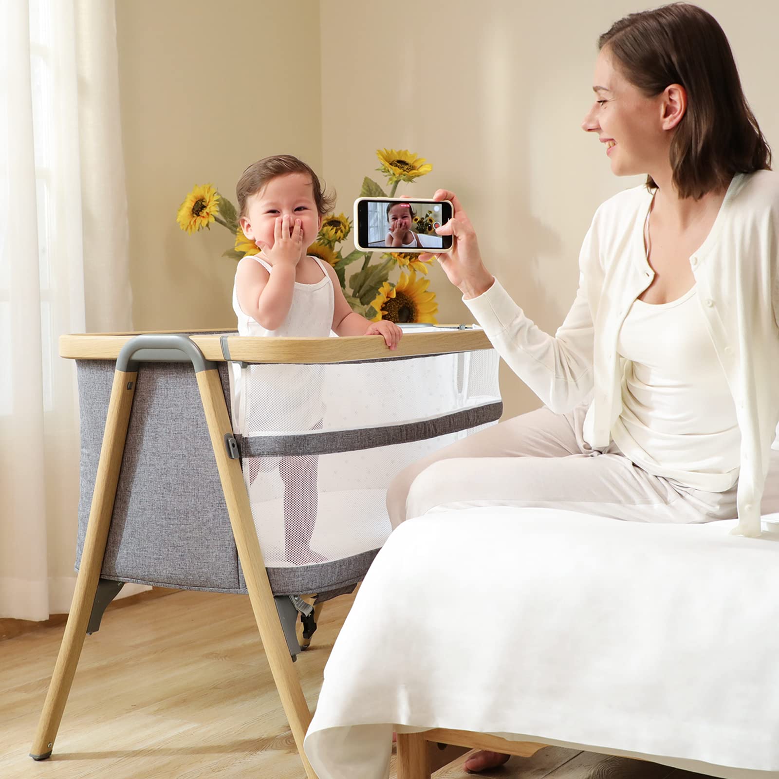 AMKE Portable Baby Bassinet & Bedside Sleeper - Adjustable Safe Co-Sleeping Crib for Newborns, Infants, Boys & Girls (Wood Grain-Basic) - Perfect for Nursery, Bedroom & Travel