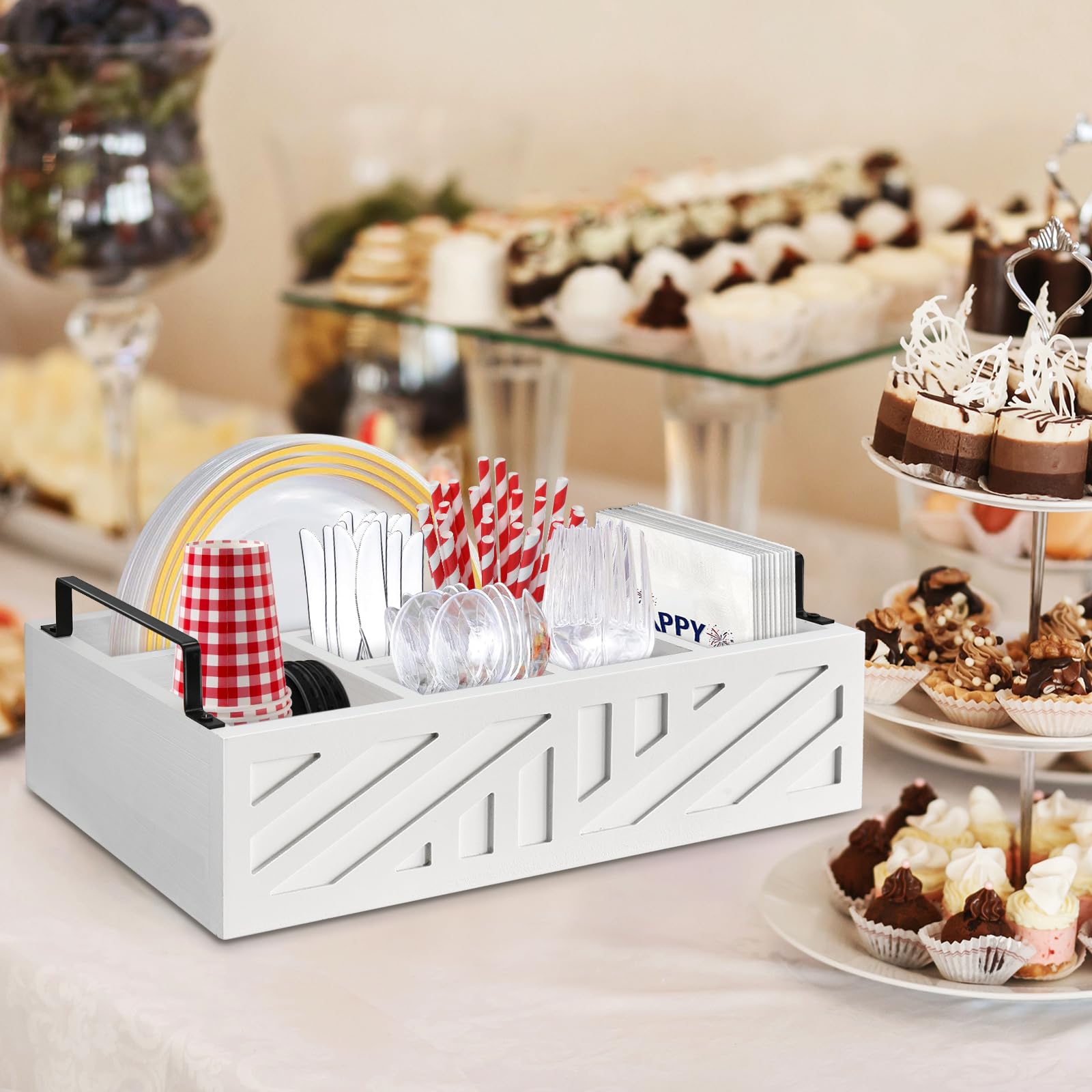 Ameuphercy Wooden Paper Plate Holder & Utensil Caddy - Countertop Organizer for Disposable Plates, Cups, Spoons & Forks - Kitchen & Party Serving Essential (White Carving Design) - Perfect for Buffets, BBQs, Picnics & Family Gatherings