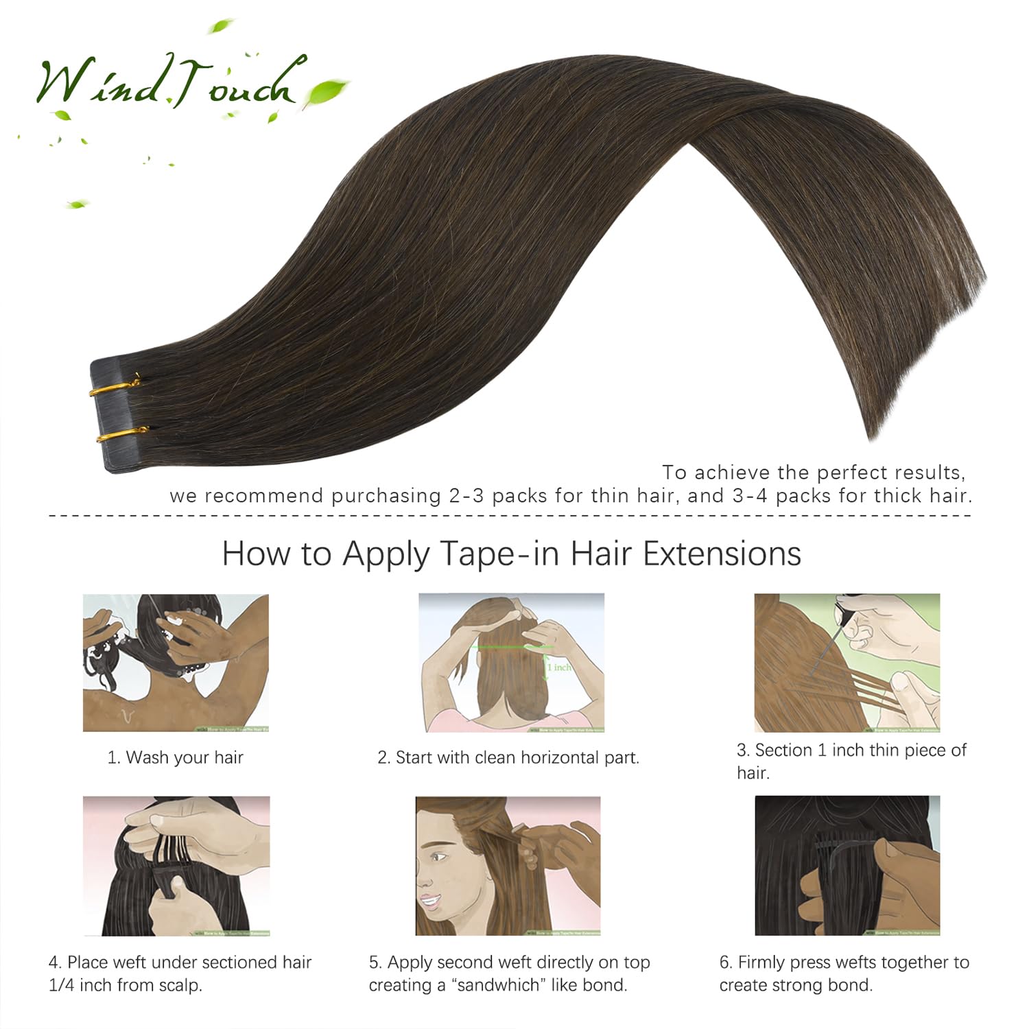 WindTouch 18 Inch Tape in Hair Extensions - 100% Real Human Hair, #4 Brown Chocolate, 20pcs (40g) - Seamless Blending for Everyday Wear & Special Occasions