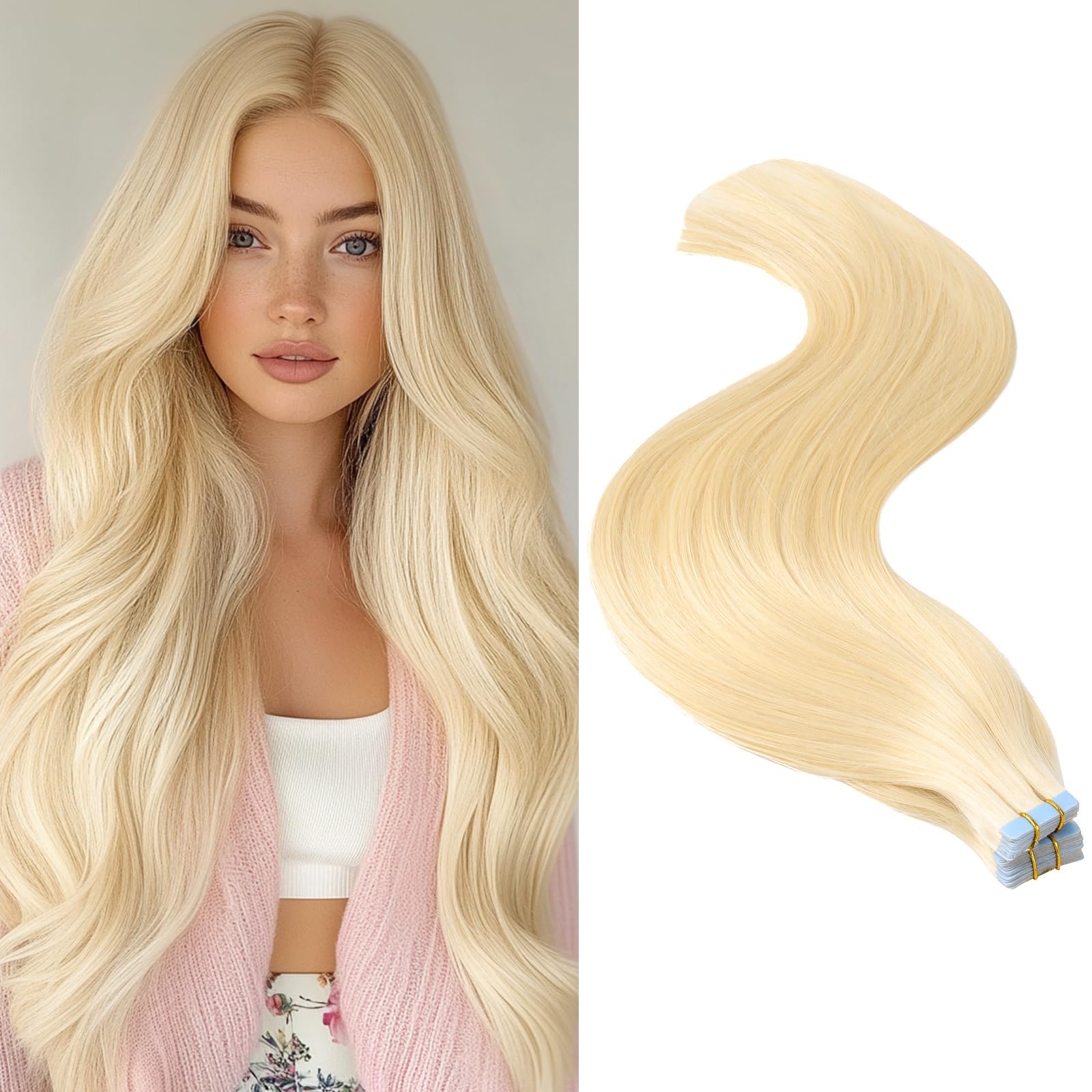 PROTEA Tape in Hair Extensions for Women - 16inch 100g Straight Remy Human Hair in 613 Platinum Blonde | Seamless Blending for Everyday Wear, Parties & Special Occasions