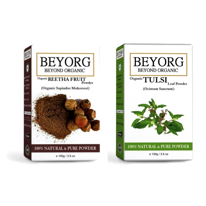 Pure Organic Reetha Powder & Tulsi Powder - Natural Aritha Fruit & Holy Basil Leaves Powder for Hair Care, Skin Care & Ayurvedic Remedies