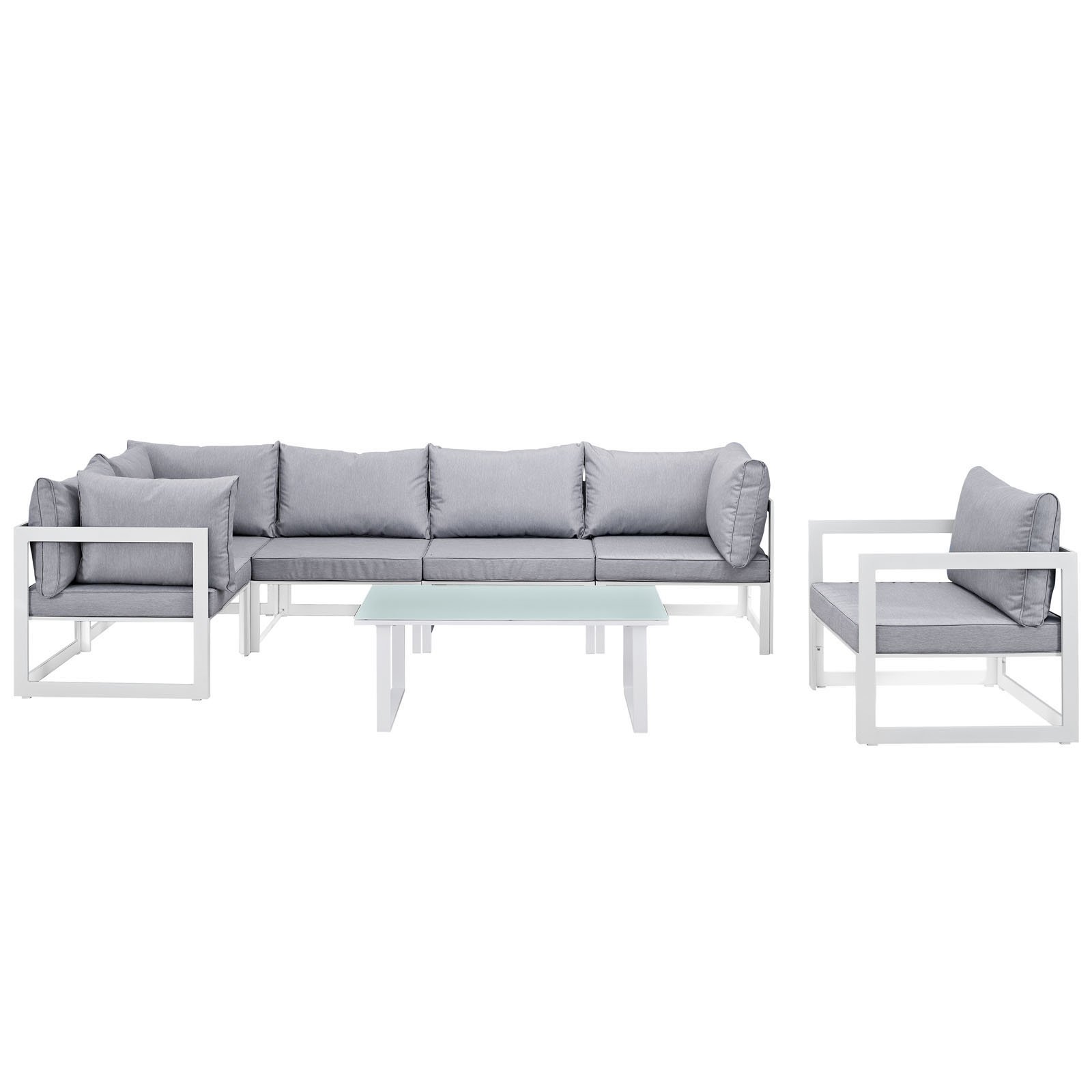 Modern Urban Contemporary 7-Piece Outdoor Patio Sectional Sofa Set - White Grey Fabric with Steel Frame for Backyard, Poolside, and Garden Relaxation