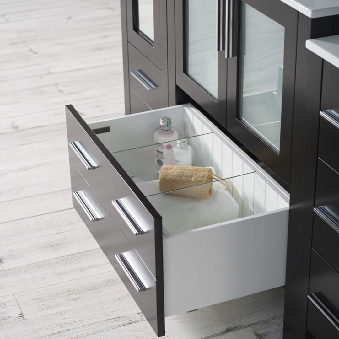102-Inch Espresso Wood Double Ceramic Sink Bathroom Vanity with Side Cabinet & Mirrors - Modern Bathroom Storage Solution for Master Bath or Guest Bath Remodel