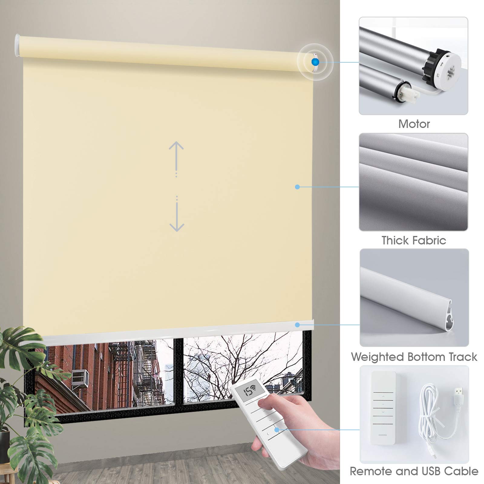 Motorized Cordless Blackout Window Shades - Beige Custom Window Blinds with Valance, UV Protection & Energy Saving for Home & Office - Perfect for Bedroom, Living Room and Nursery