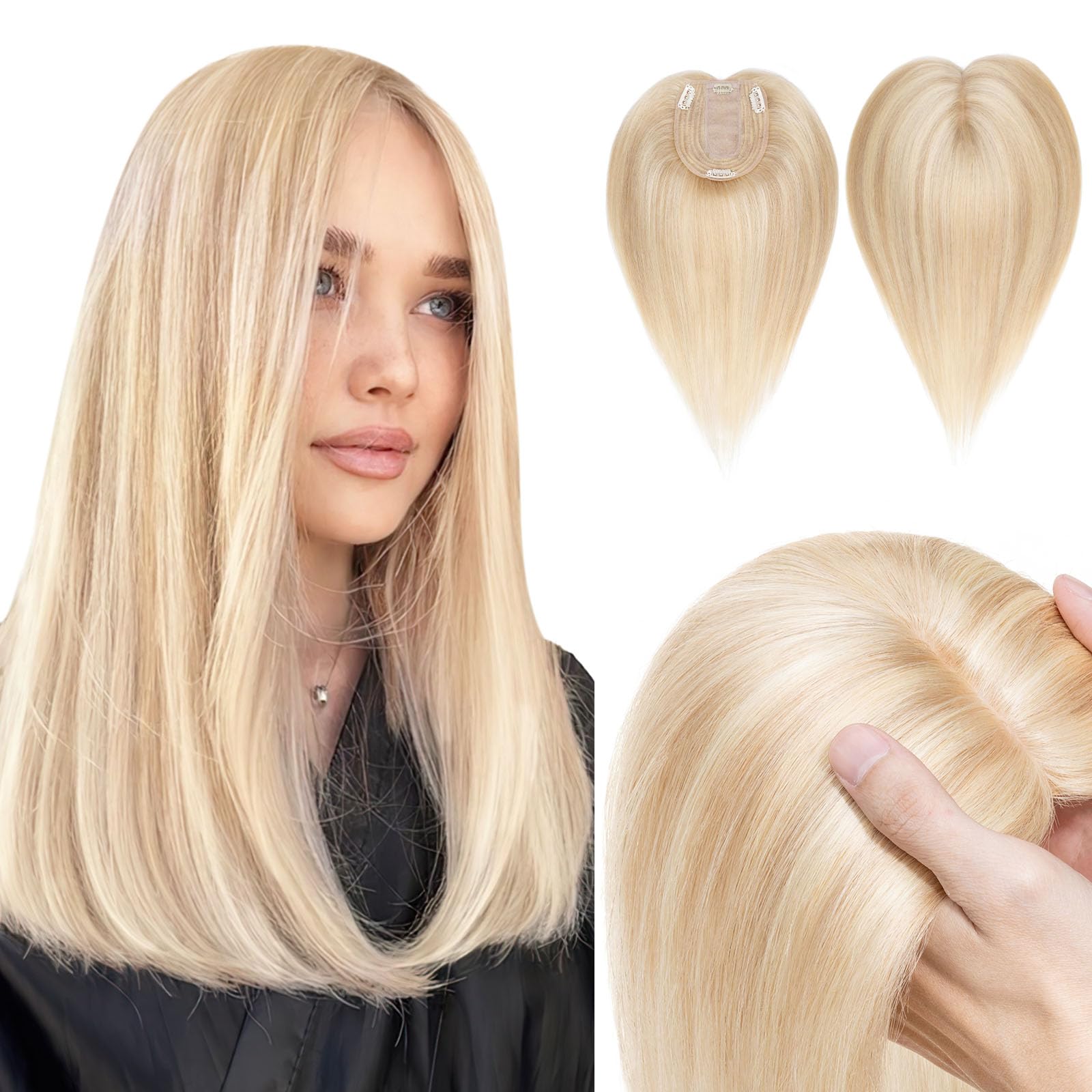 Hairro 100% Human Hair Topper with Silk Base for Women - 16 Inch Ash Blonde Mix Bleach Blonde Clip-in Hairpiece for Thin Hair & High Hairline - Perfect for Daily Wear, Special Occasions & Hair Loss Coverage