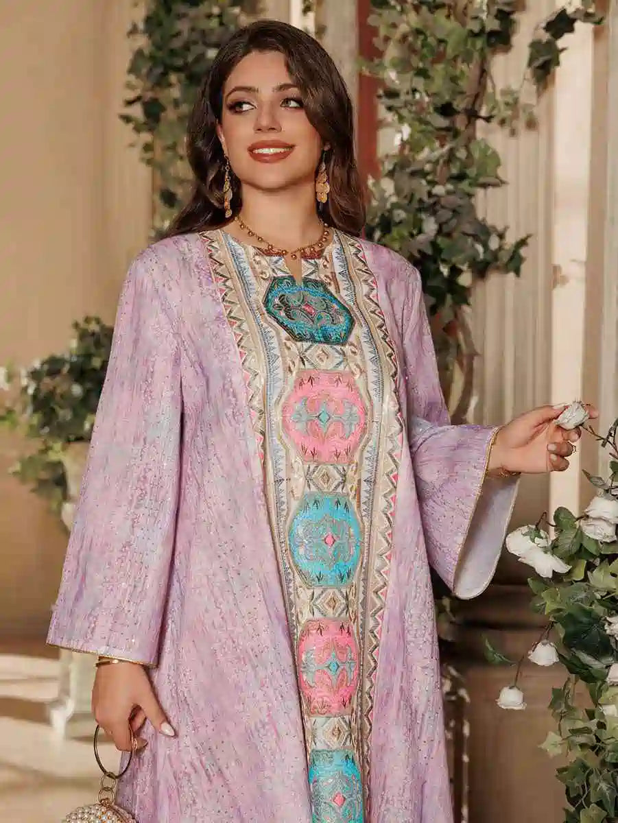 Elegant Eid Dress with Embroidery & Printed Floral Design - Long Caftan Kaftan Dress for Women #25426 | Perfect for Eid Celebrations, Weddings & Special Occasions