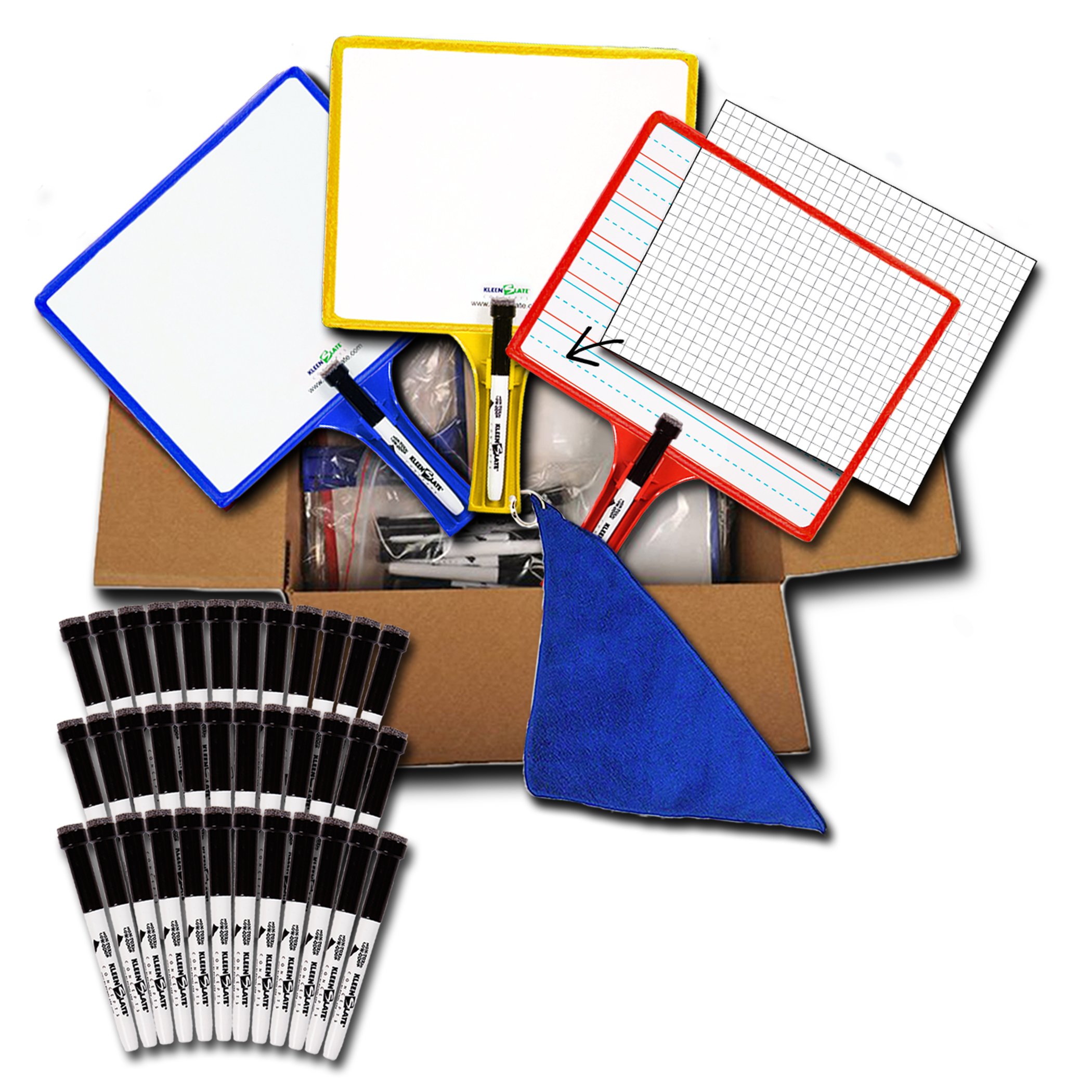 36-Pack KleenSlate Double-Sided Dry Erase Whiteboard Set with Clear Sleeves - Customizable Templates, 36 Microfiber Cloths & Markers - Perfect for Classrooms, Offices & Homeschooling Activities