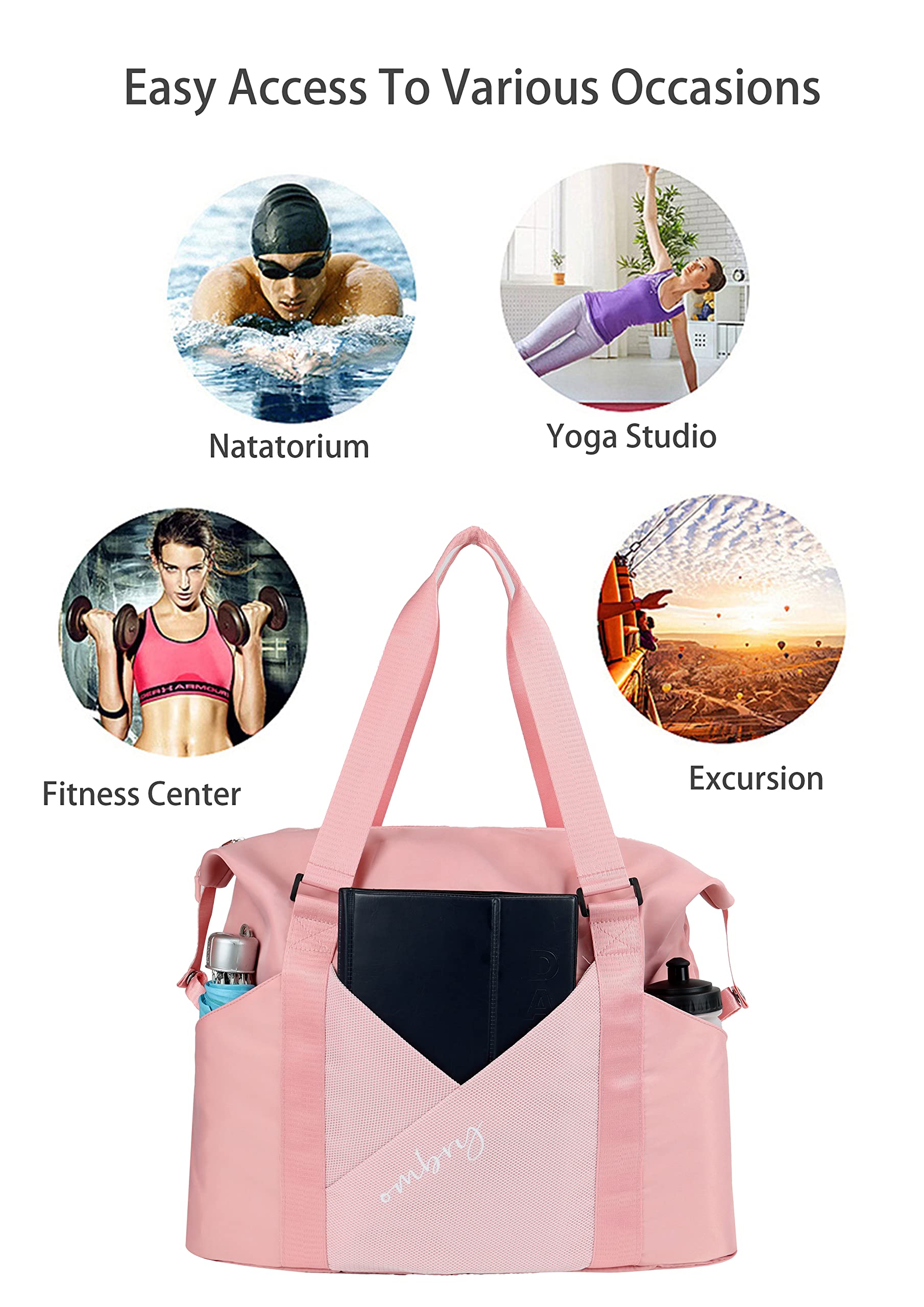 2 Pack Lightweight Waterproof Canvas Duffel Bags for Women - Gym Bag, Travel Tote, Weekend Overnight Bag - Perfect for Workout, Sports, Travel & Beach Trips (Pink)