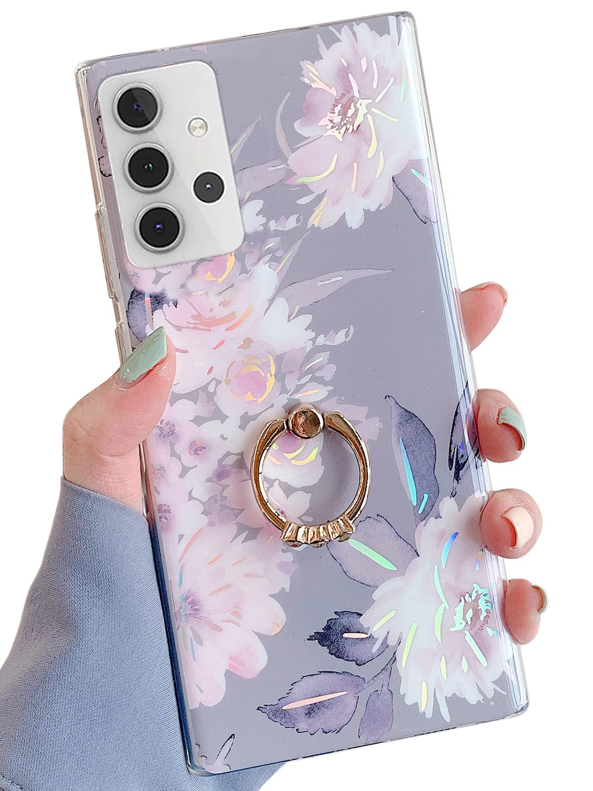 Qokey Cute Floral 360° Rotating Ring Holder Kickstand Case for Samsung Galaxy A32 5G (6.5