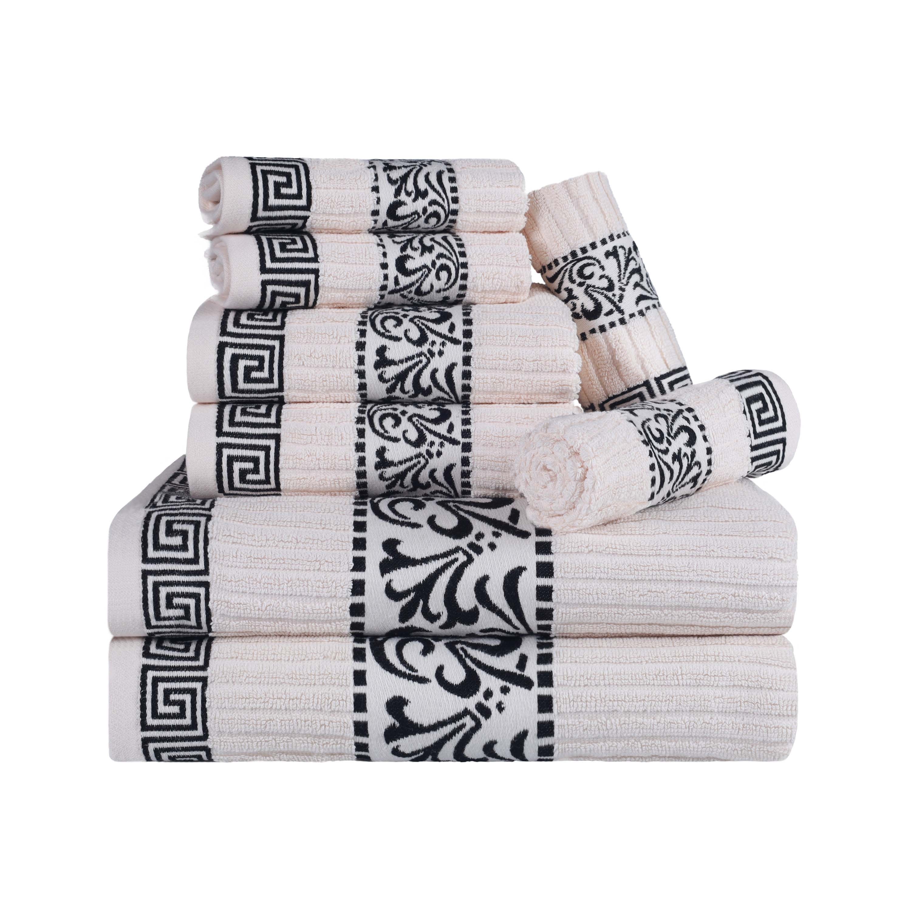 Premium 8-Piece Cotton Towel Set with Greek Scroll & Floral Design - Soft Bath Towels, Hand Towels & Washcloths - Perfect for Bathroom, Spa & Luxury Home Decor