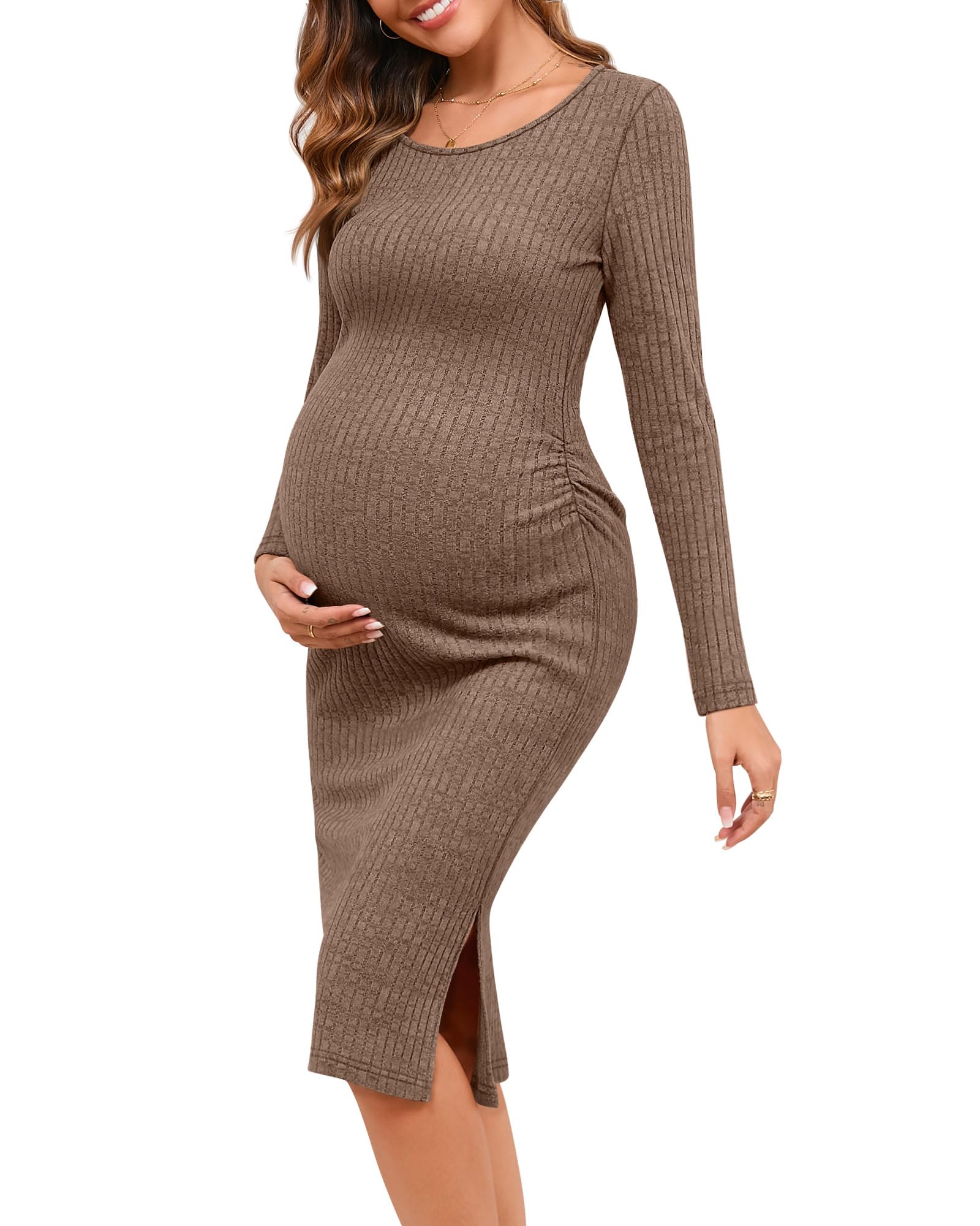 Ficerd Women's Ribbed Knit Maternity Dress - Long Sleeve Pregnancy Bodycon Dress 2025, Stretchy Split Design for Baby Shower, Nursing & Everyday Comfort - Perfect for Maternity Photos, Office Wear & Special Occasions