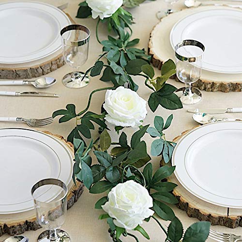 6 Feet Green Garland with 5 Ivory Silk Rose Flowers and Leaves - Wholesale Wedding Centerpieces, Bridal Shower Decor, Table Runner, Arch Backdrop, Aisle Decoration Supplies