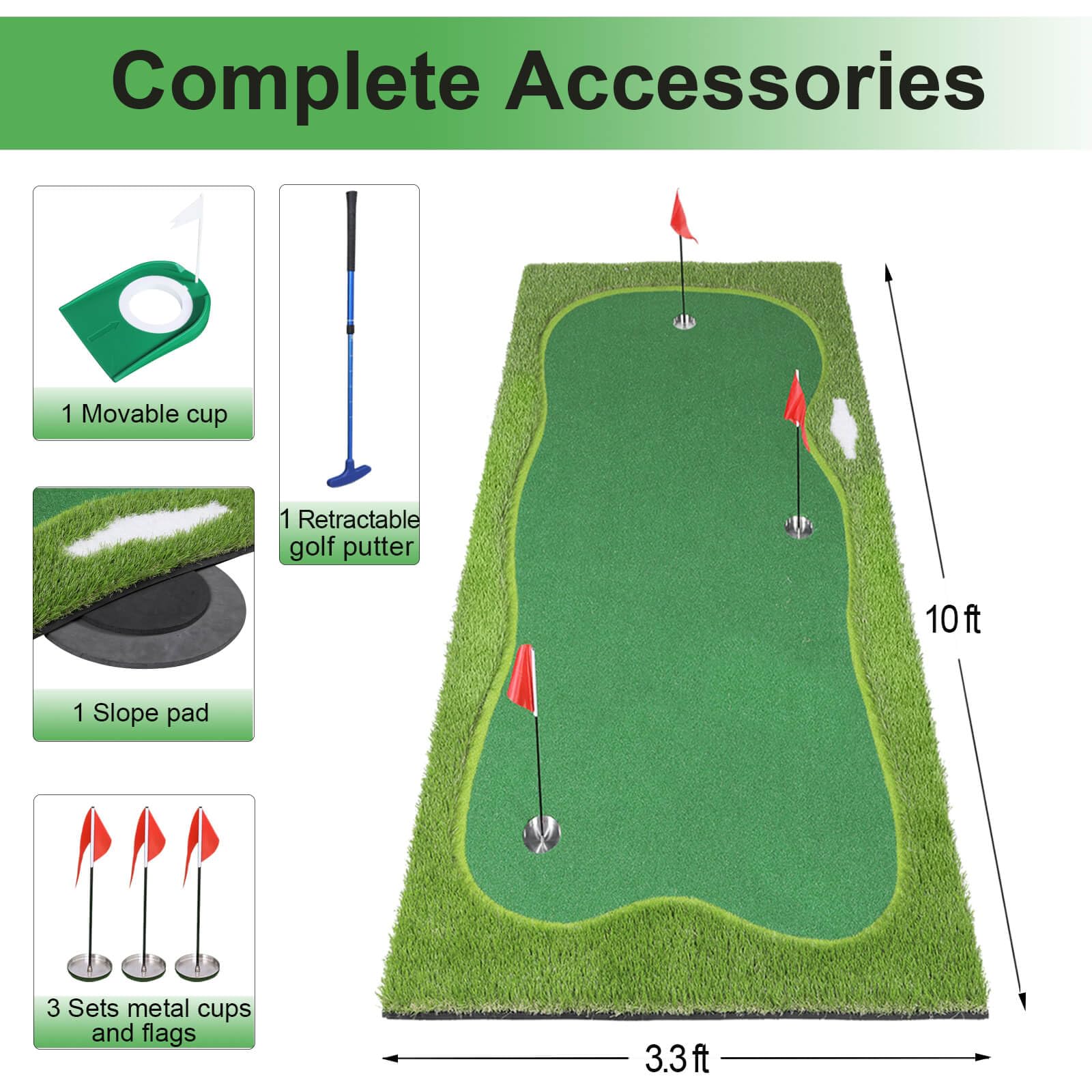 Professional Golf Putting Green Mat with Putter, Movable Cup & Slope Pad - Indoor/Outdoor Golf Training Aid for Home Practice & Backyard Drills