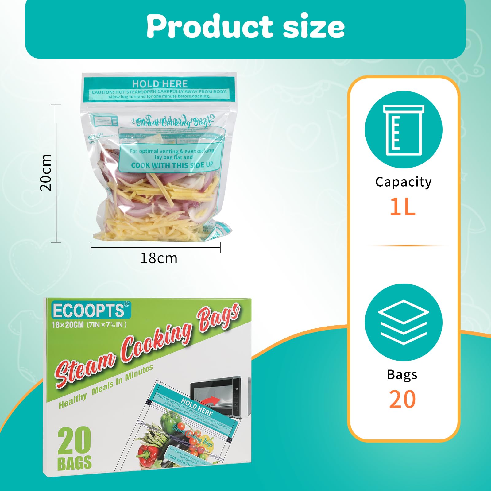 20-Pack Microwave Steaming Bags for Vegetables, Potatoes & Meat | Reusable Steam Cooking Bags | Healthy Meal Prep & Quick Cooking Solution for Busy Families