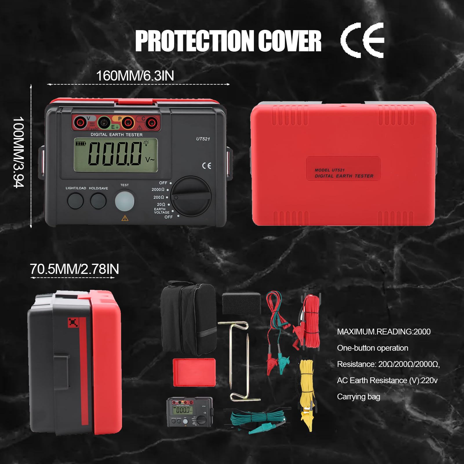 Premium UT521 Digital Earth Ground Insulation Tester Kit - Accurate Ohmmeter with Storage Case (50Hz/60Hz) for Electrical Safety Testing in Homes, Industrial Sites & Solar Installations