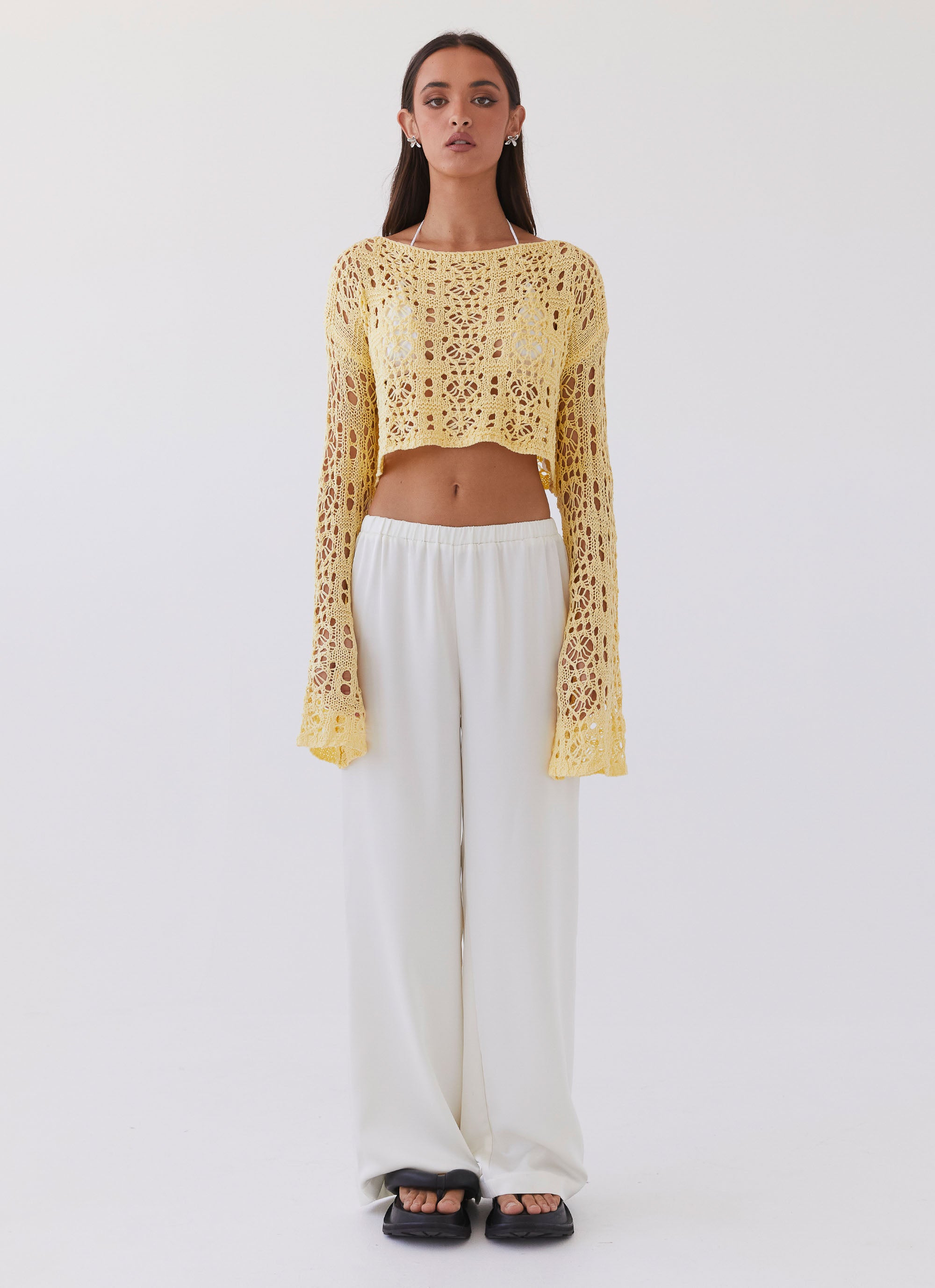 Free Mind Crochet Long Sleeve Top for Women - Marigold Yellow Boho Chic Blouse, Perfect for Casual Wear, Beach Cover Up & Festival Outfits