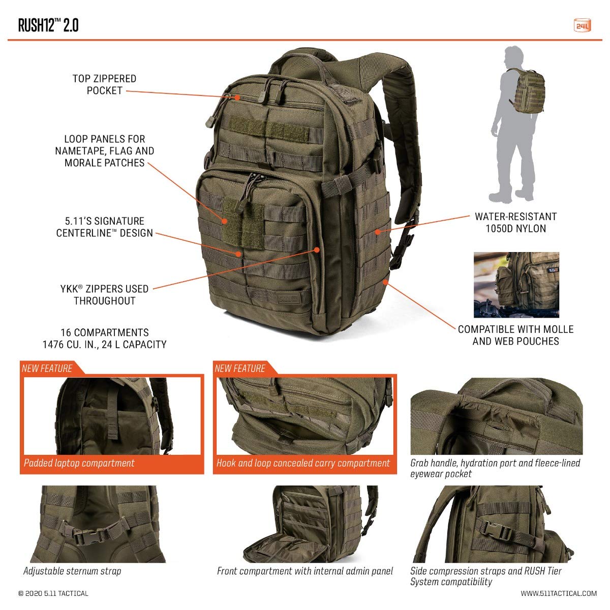5.11 Tactical Rush 24 2.0 Backpack for Men & Women - Durable Military-Grade 37L Rucksack for Hiking, Travel, Work & Everyday Carry (EDC)