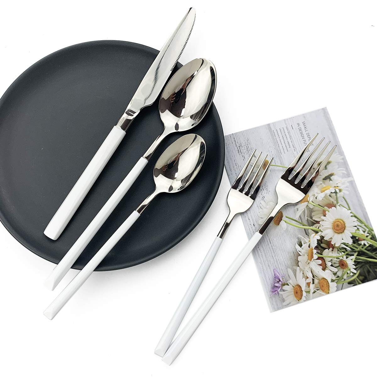 Premium 5-Piece Modern Silverware Set - 18/10 Stainless Steel Flatware with Square Edge - Elegant Mirror Polished Cutlery - Dishwasher Safe Kitchen Utensils for 1 (White Silver) - Perfect for Fine Dining, Dinner Parties & Everyday Use