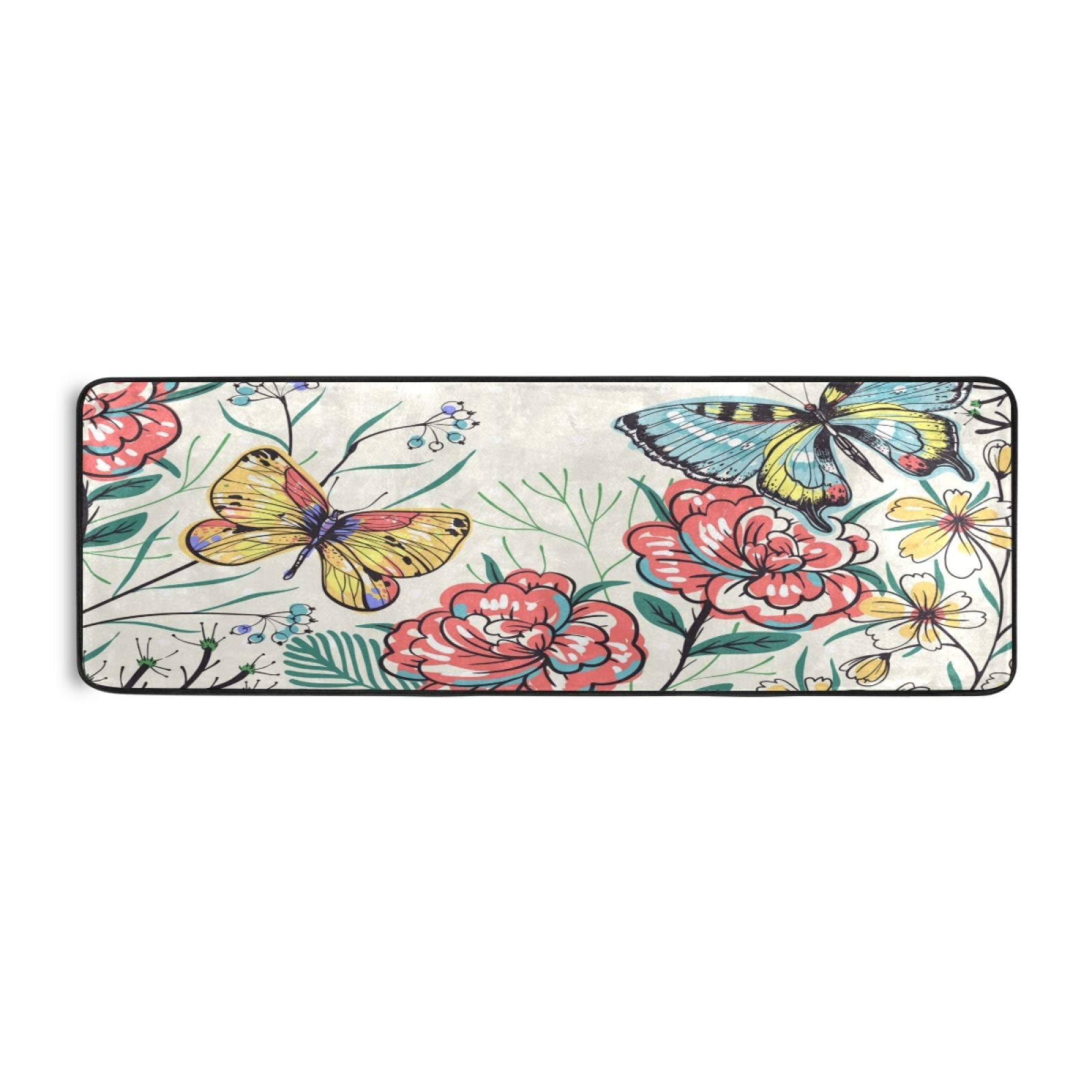 Vintage Red Floral Blue Butterfly Yellow Kitchen Runner Rug 2' x 6' - Non-Slip Soft Bathroom Carpet, Hallway Entry Mat for Home Decor - Perfect for Farmhouse Kitchens, Bath Mats, Front Door Entryways & Cozy Living Spaces
