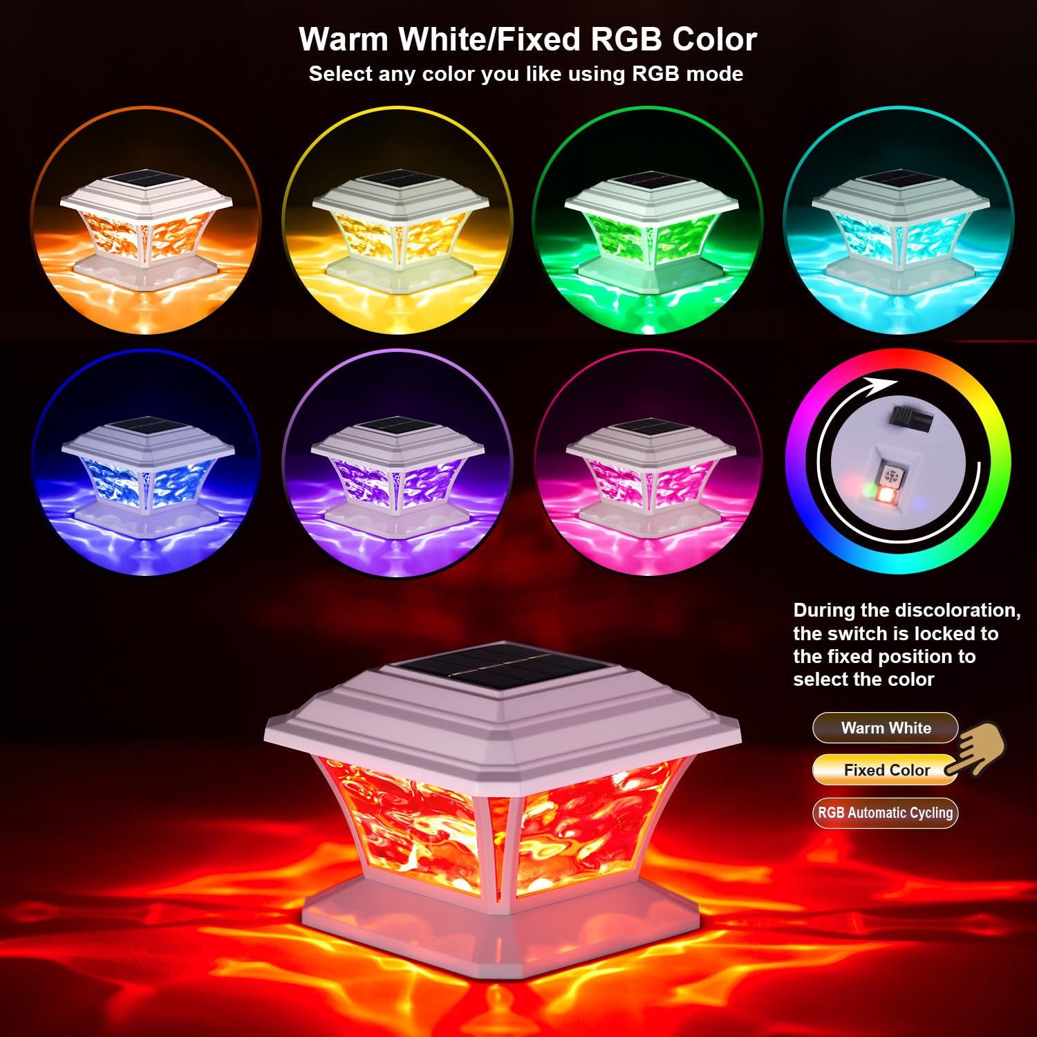Solar Post Cap Lights - Warm White & RGB Color Changing, 9 Colors, 20 Lumens, IP65 Waterproof for 3.5x3.5