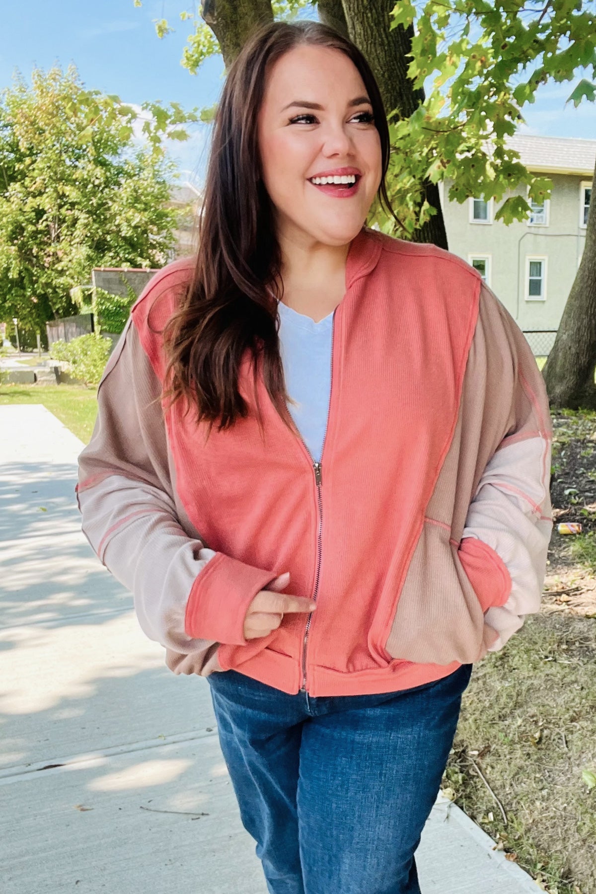 Boldy You Women's Camel Dolman Sleeve Colorblock Knit Bomber Jacket | Cozy Fall Outerwear for Casual Outings & Street Style Fashion