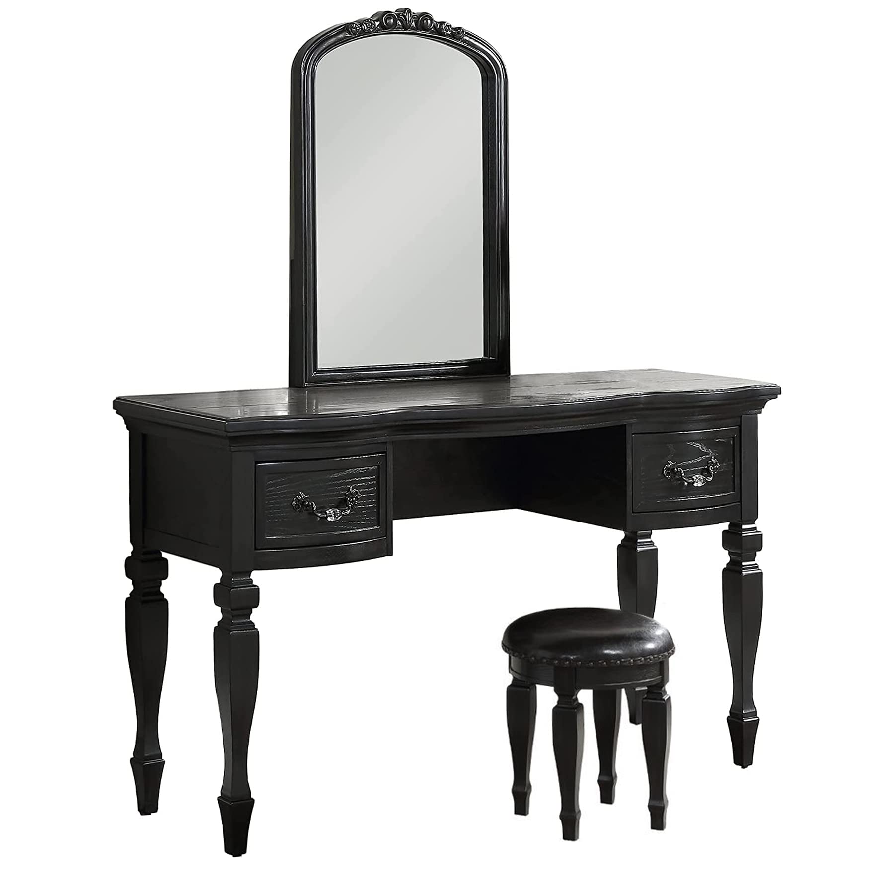 Benjara 3-Piece Vanity Set with Carved Mirror & Turned Legs - Black Bathroom Furniture for Makeup Dressing Table | Perfect for Bedroom, Bathroom & Boudoir Decor