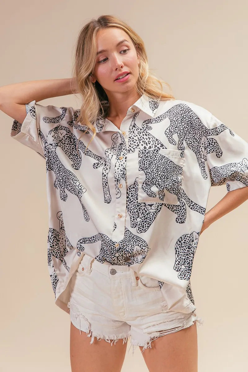 BiBi Leopard Print Short Sleeve Silky Satin Shirt Top for Women - Stylish Blouse for Casual Wear, Office Outfits & Night Out