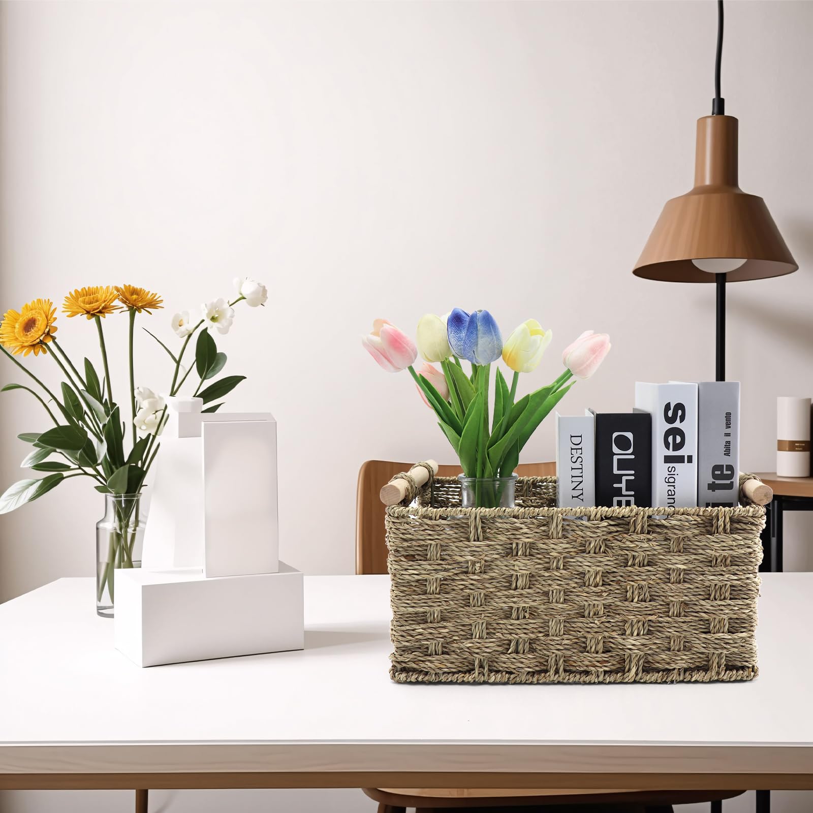 Large Seagrass Storage Basket with Wooden Handles - Home Organization for Bathroom & Kitchen