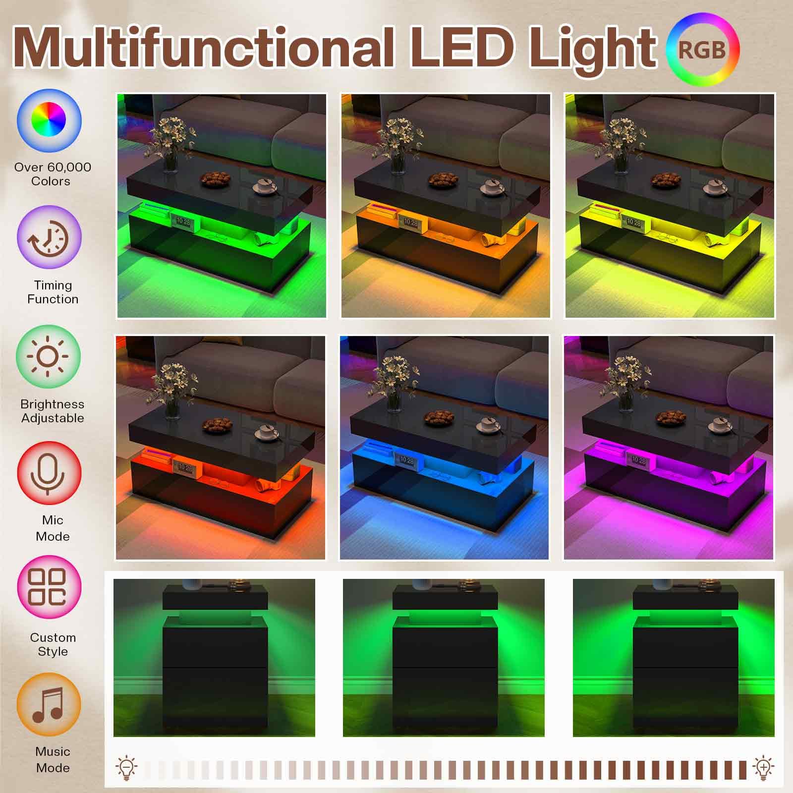 Modern 3-Piece High Gloss Coffee Table Set with LED Lights & Storage - Includes 2 End Tables with USB Charging Stations - Perfect for Living Room, Office, or Modern Home Decor - Black Contemporary Furniture Set