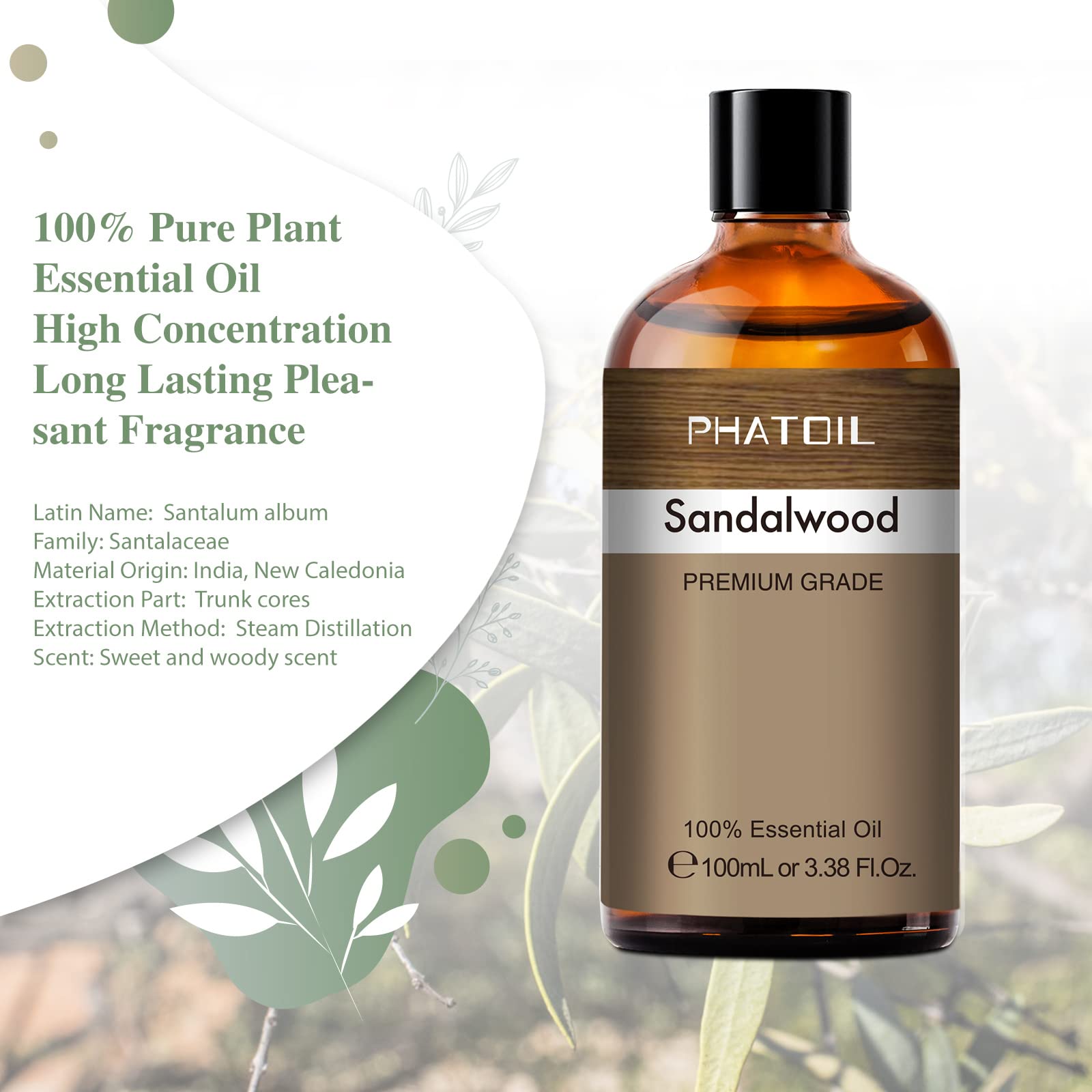 Premium 100% Pure Sandalwood Essential Oil - 3.38 fl.oz (100ml) Large Bottle for Aromatherapy, Diffusers & Humidifiers | Relaxing Scent for Massage, Candle Making, Soap DIY & Home Spa | Natural Fragrance Oil for Stress Relief & Meditation