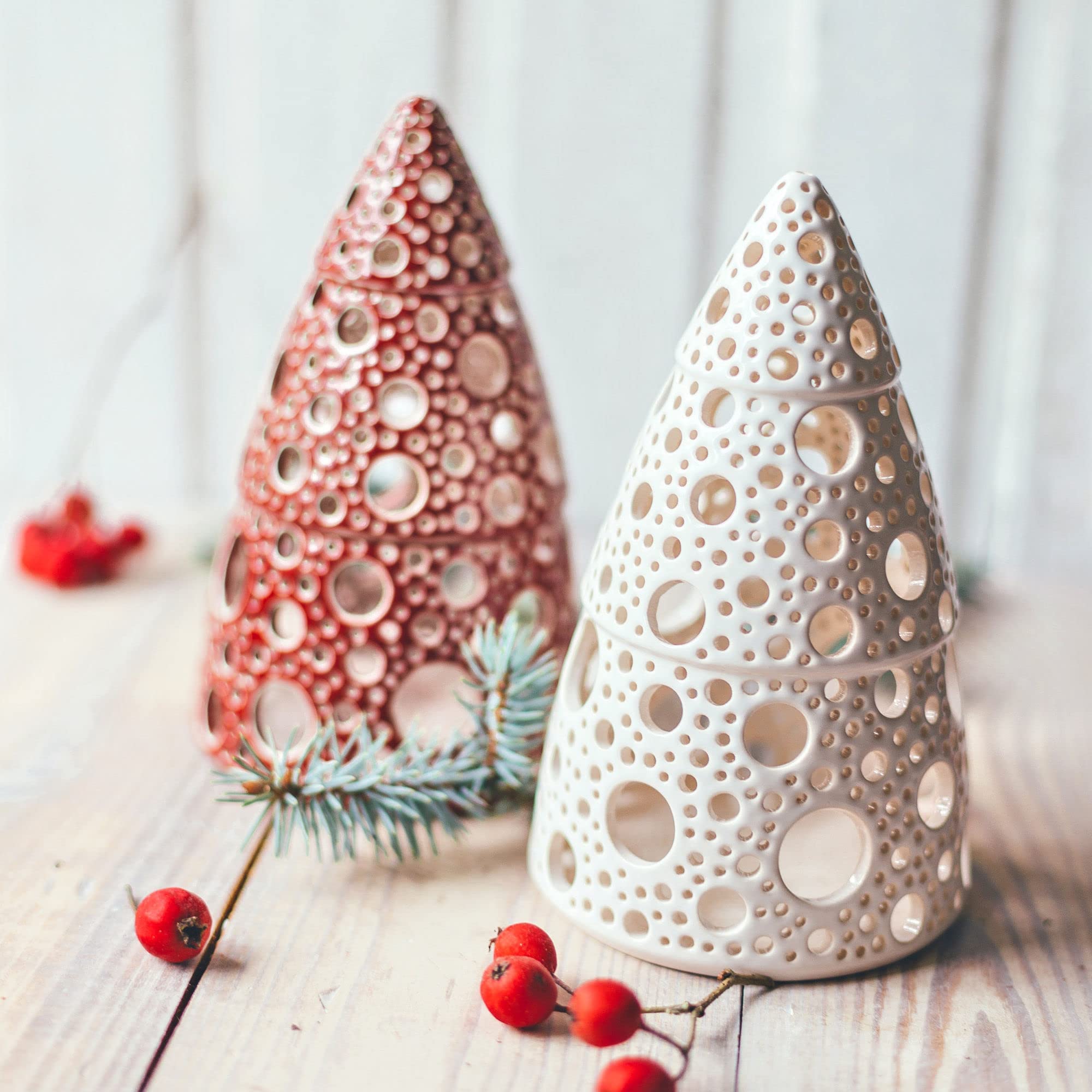 Handmade Red Christmas Tealight Holder - Ceramic Candle Lantern with Stars & Bubbles Design for Holiday Decor, Xmas Tabletop Centerpiece, Gift Idea (Perfect for Mantel Decor, Dinner Party Lighting, Winter Wedding Decorations)
