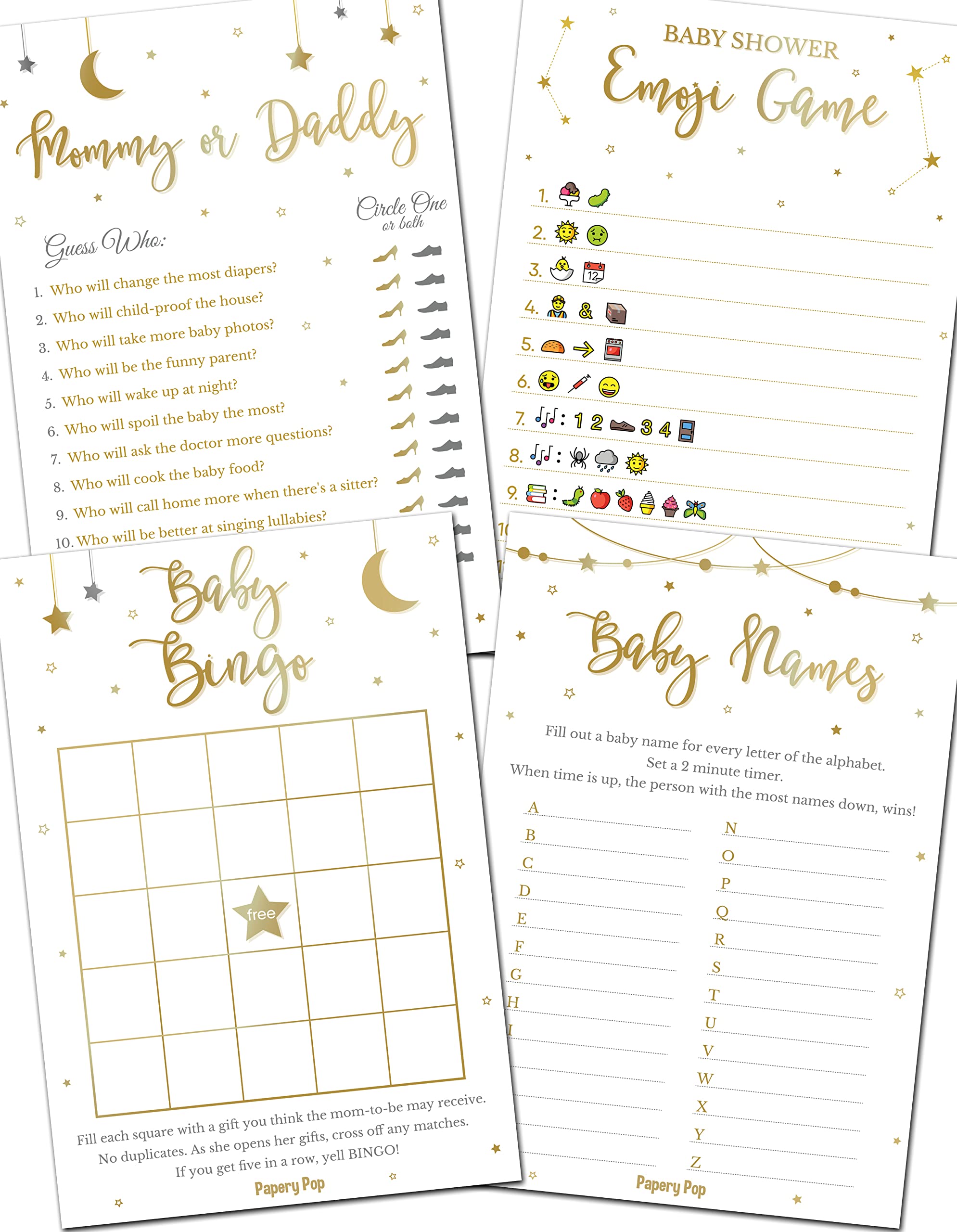 Baby Shower Games Set for Boys & Girls - 4 Fun Party Games for 30 Guests with Double-Sided Cards | Gender Neutral Gold Stars Theme | Perfect for Gender Reveal Parties & Coed Baby Showers