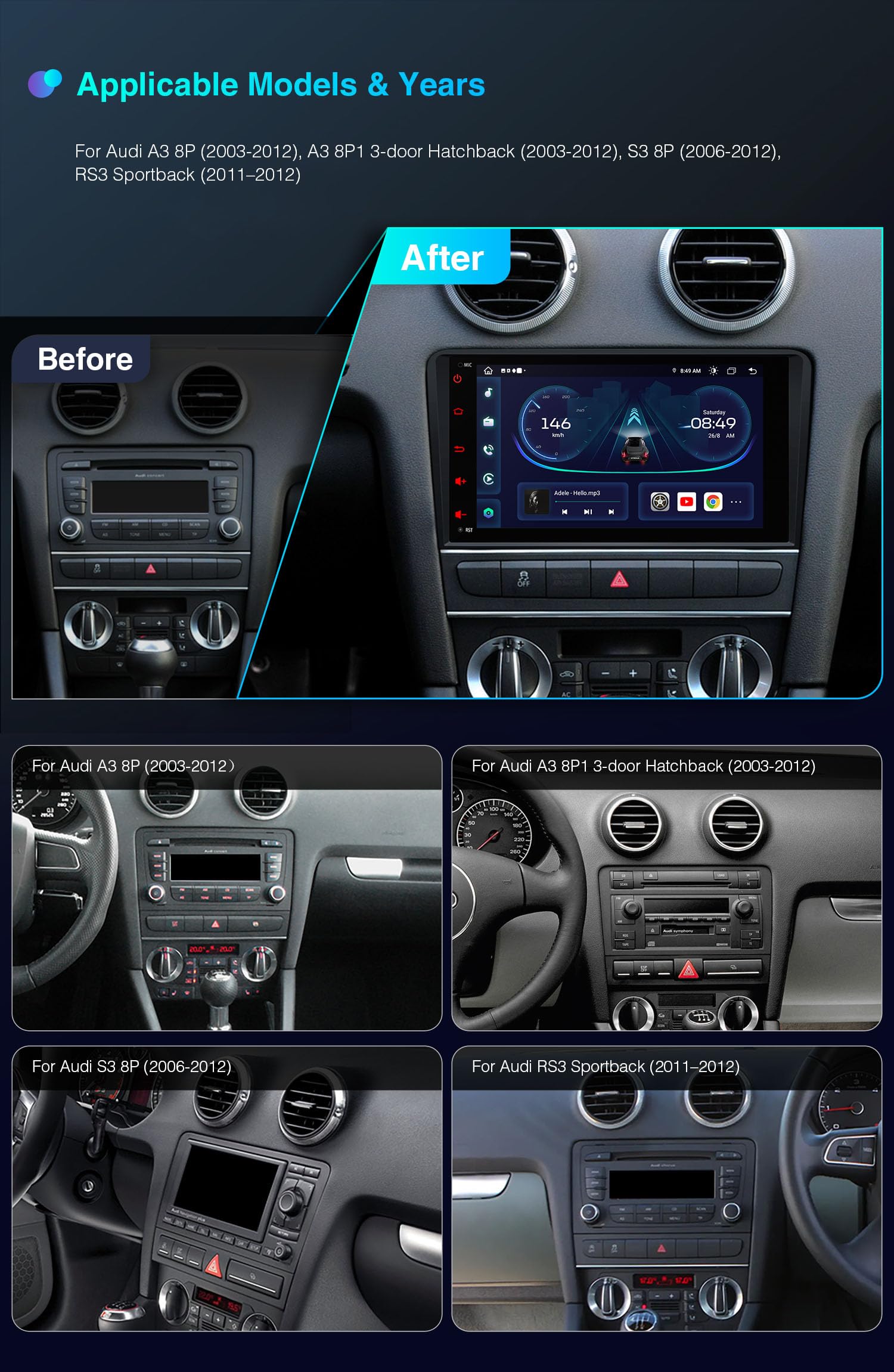 XTRONS 8 Inch Android 14 Car Stereo - Octa Core 2GB RAM 32GB ROM 4G LTE | Apple CarPlay & Android Auto | DSP WiFi Bluetooth 5.0 GPS | 1280x720 HD IPS Screen | DAB+/DVR/TPMS/OBD/AHD Camera Compatible | For Audi A3 8P S3 RS3 | Perfect for Road Trips & Daily Commuting