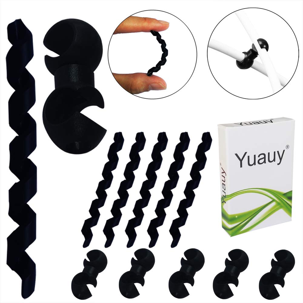 5-Pack Black Spiral Bike Cable Wrap Sleeve Protector + 5 Rotating S-Hook Clips - MTB Brake Shift Cable Housing Guard for Anti-Friction Protection | Perfect for Mountain Bikes, Road Bikes & Cycling Gear Organization